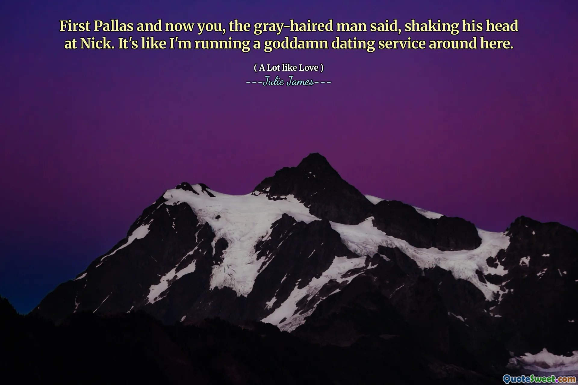 First Pallas and now you, the gray-haired man said, shaking his head at Nick. It's like I'm running a goddamn dating service around here.