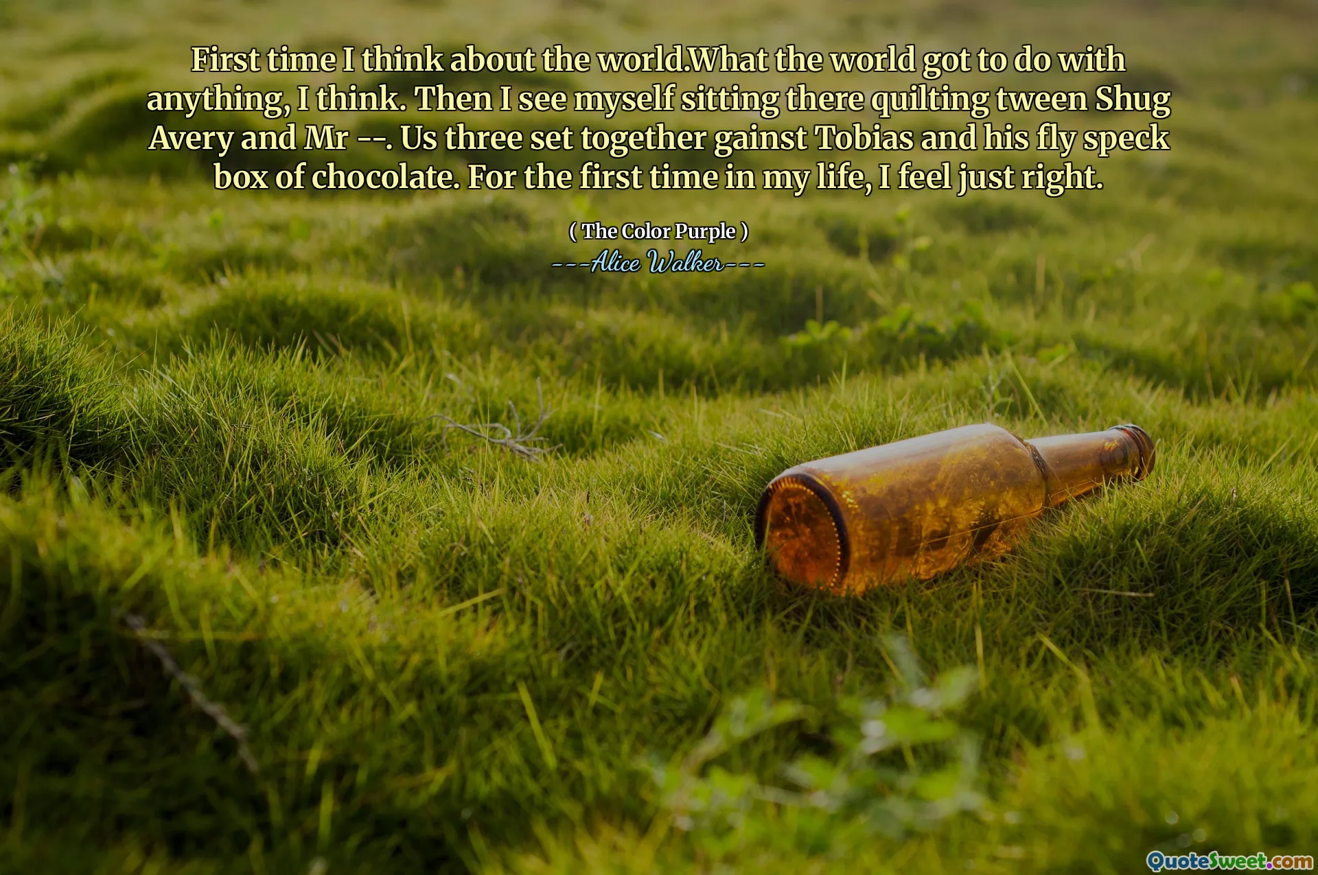First time I think about the world.What the world got to do with anything, I think. Then I see myself sitting there quilting tween Shug Avery and Mr --. Us three set together gainst Tobias and his fly speck box of chocolate. For the first time in my life, I feel just right.