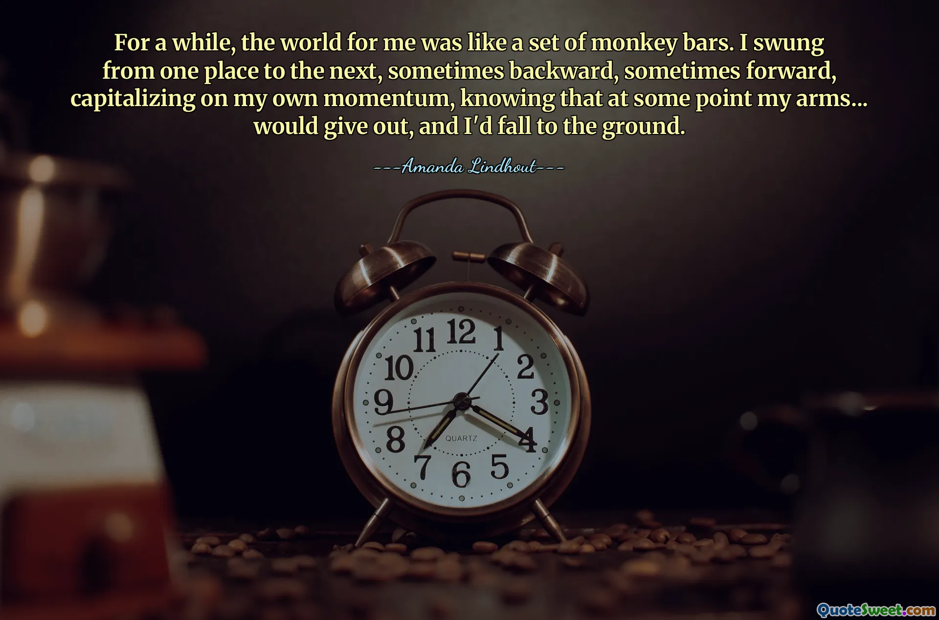 For a while, the world for me was like a set of monkey bars. I swung from one place to the next, sometimes backward, sometimes forward, capitalizing on my own momentum, knowing that at some point my arms... would give out, and I'd fall to the ground.