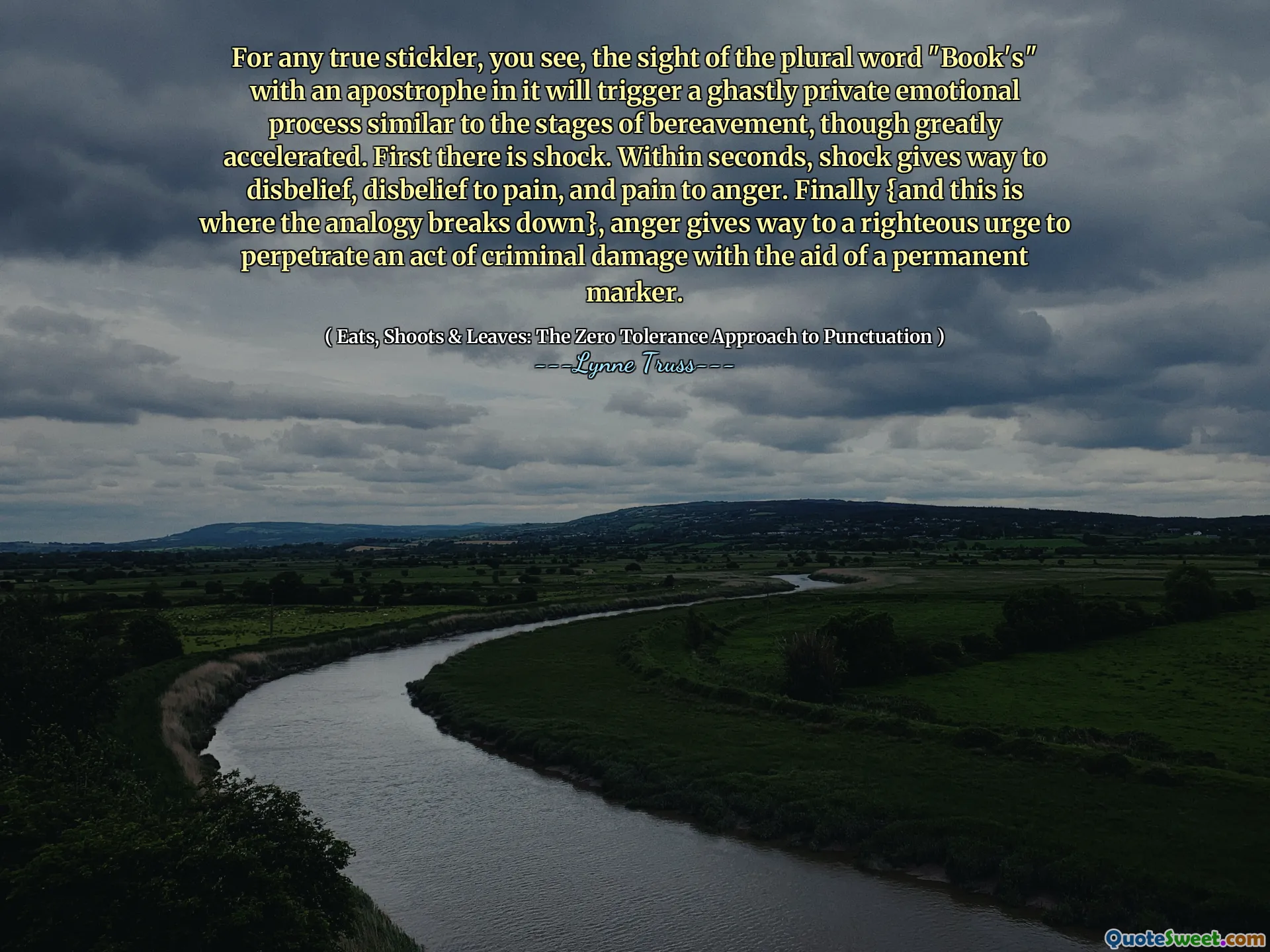 For any true stickler, you see, the sight of the plural word "Book's" with an apostrophe in it will trigger a ghastly private emotional process similar to the stages of bereavement, though greatly accelerated. First there is shock. Within seconds, shock gives way to disbelief, disbelief to pain, and pain to anger. Finally {and this is where the analogy breaks down}, anger gives way to a righteous urge to perpetrate an act of criminal damage with the aid of a permanent marker.