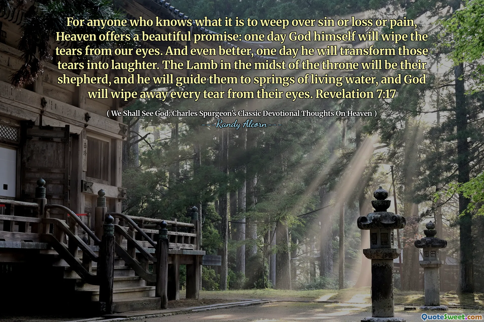 जो कोई भी जानता है कि पाप या नुकसान या दर्द पर रोना है, स्वर्ग एक सुंदर वादा करता है: एक दिन भगवान स्वयं हमारी आंखों से आँसू पोंछेंगे। और इससे भी बेहतर, एक दिन वह उन आँसूओं को हँसी में बदल देगा। सिंहासन के बीच में मेमने उनका चरवाहा होगा, और वह उन्हें जीवित पानी के स्प्रिंग्स के लिए मार्गदर्शन करेगा, और भगवान अपनी आंखों से हर आंसू को मिटा देंगे। प्रकाशितवाक्य 7:17