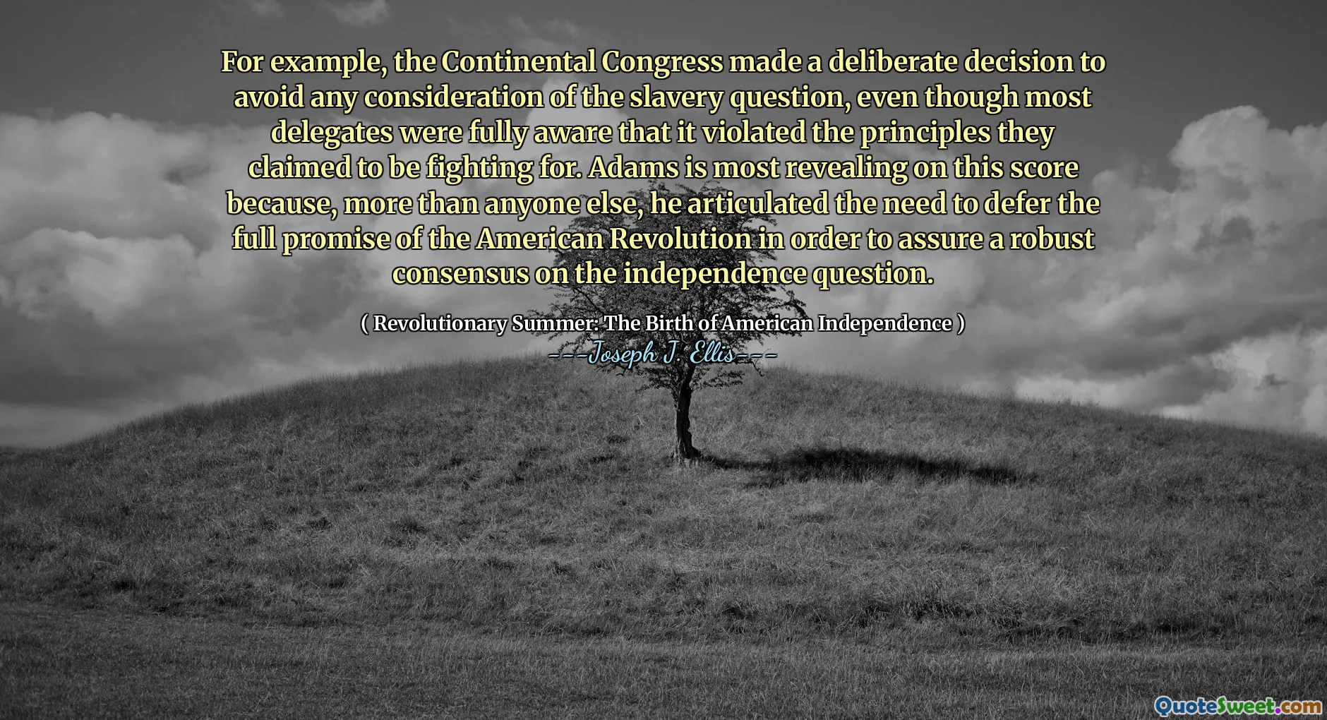 For example, the Continental Congress made a deliberate decision to avoid any consideration of the slavery question, even though most delegates were fully aware that it violated the principles they claimed to be fighting for. Adams is most revealing on this score because, more than anyone else, he articulated the need to defer the full promise of the American Revolution in order to assure a robust consensus on the independence question.