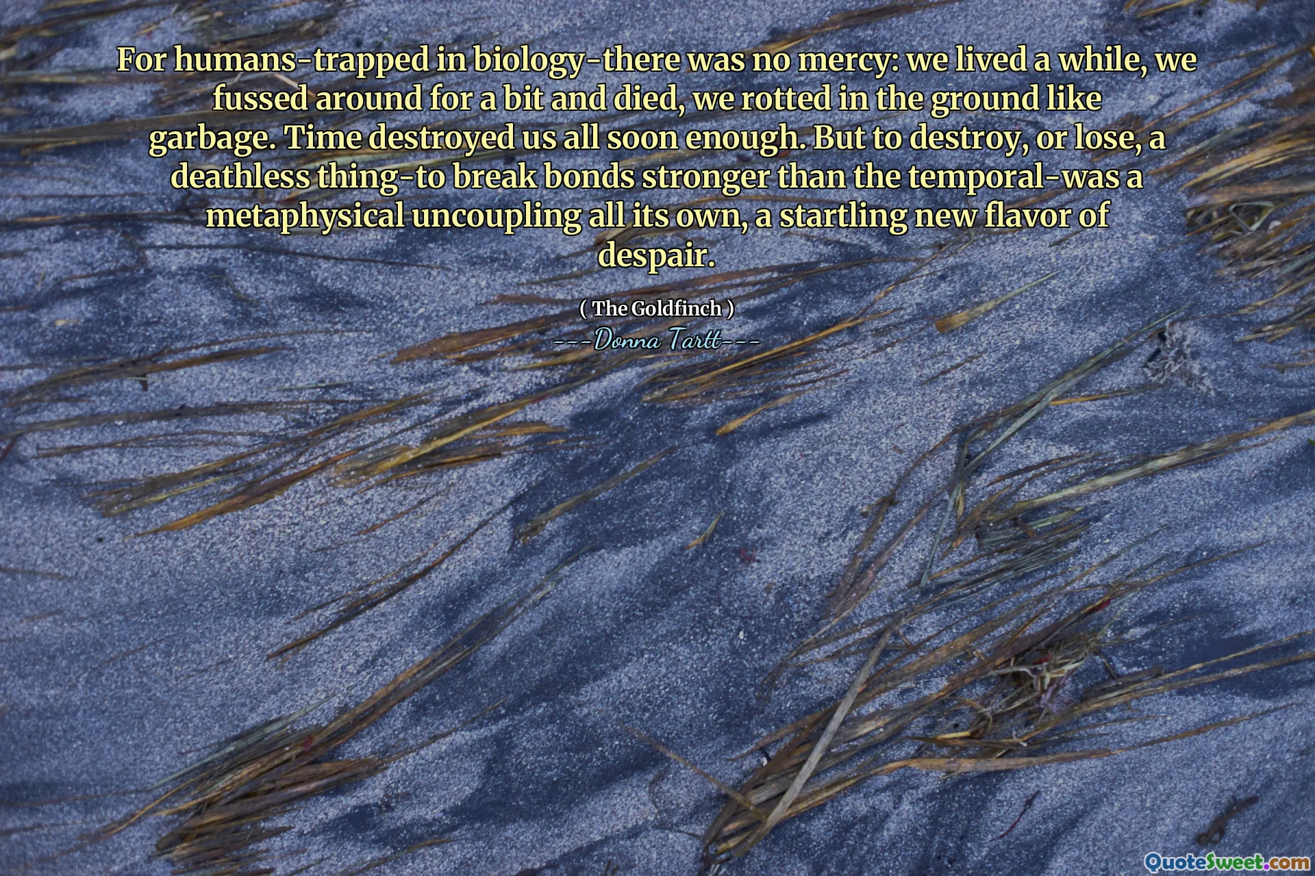 For humans-trapped in biology-there was no mercy: we lived a while, we fussed around for a bit and died, we rotted in the ground like garbage. Time destroyed us all soon enough. But to destroy, or lose, a deathless thing-to break bonds stronger than the temporal-was a metaphysical uncoupling all its own, a startling new flavor of despair.