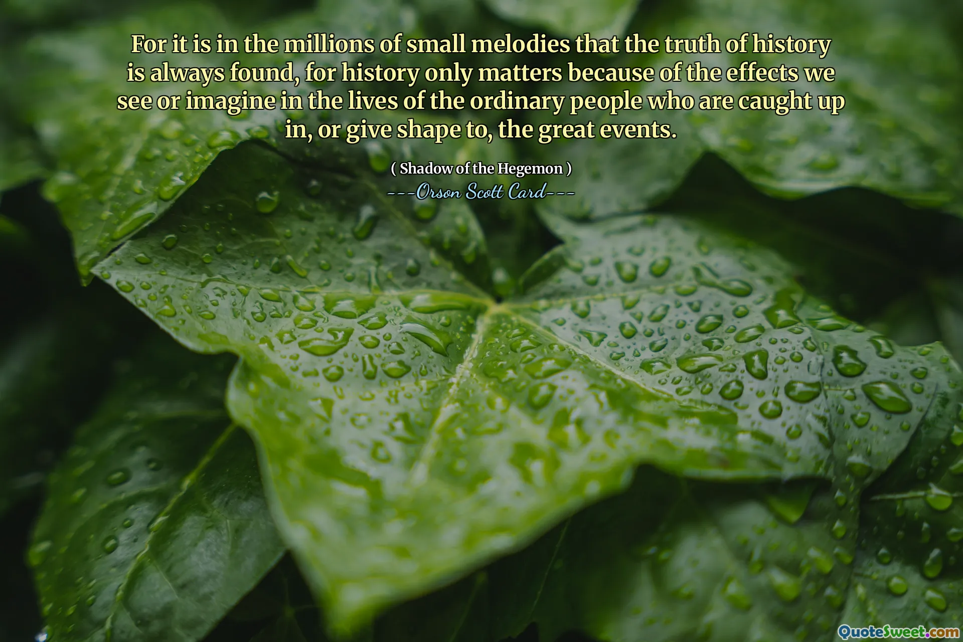 因为正是在数以百万计的小旋律中，总能找到历史的真相，因为历史之所以重要，是因为我们在普通人的生活中看到或想象到的影响，这些普通人被卷入或塑造了伟大的事件。