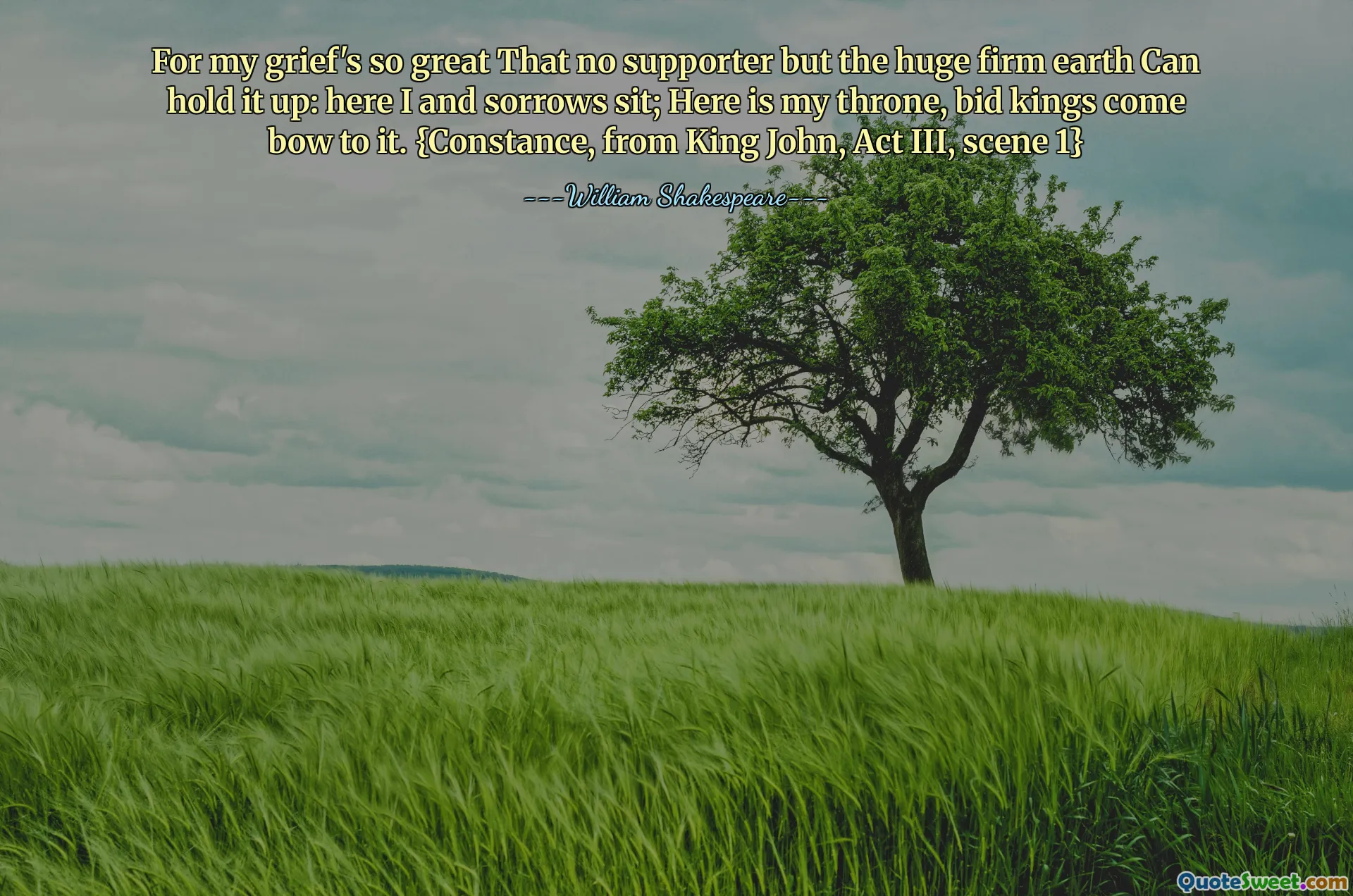 For my grief's so great That no supporter but the huge firm earth Can hold it up: here I and sorrows sit; Here is my throne, bid kings come bow to it. {Constance, from King John, Act III, scene 1}