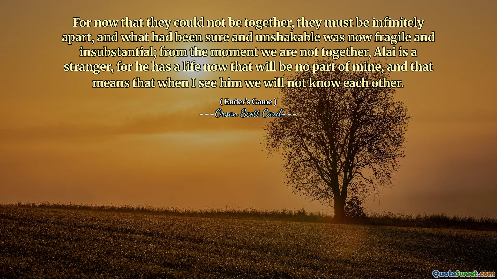 というのは、彼らは一緒にいることができなかった今、彼らは無限に離れているに違いなく、確かで揺るぎなかったものは今では壊れやすく実体がありません。私たちが一緒にいない瞬間から、アライは見知らぬ人です。なぜなら、彼は今、私の一部ではない人生を送っているからです。それは、私が彼に会ったとき、私たちはお互いを知らないことを意味します。