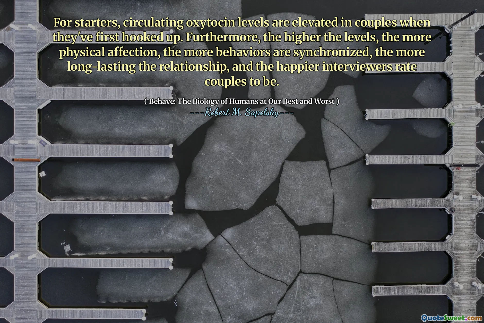 For starters, circulating oxytocin levels are elevated in couples when they've first hooked up. Furthermore, the higher the levels, the more physical affection, the more behaviors are synchronized, the more long-lasting the relationship, and the happier interviewers rate couples to be.