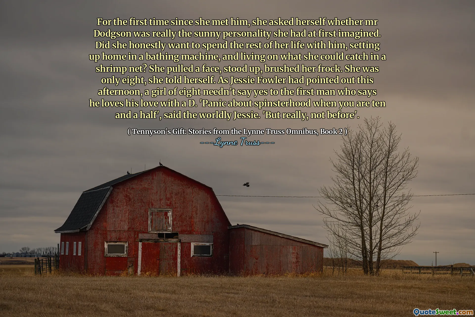 For the first time since she met him, she asked herself whether mr Dodgson was really the sunny personality she had at first imagined. Did she honestly want to spend the rest of her life with him, setting up home in a bathing machine, and living on what she could catch in a shrimp net? She pulled a face, stood up, brushed her frock. She was only eight, she told herself. As Jessie Fowler had pointed out this afternoon, a girl of eight needn't say yes to the first man who says he loves his love with a D. 'Panic about spinsterhood when you are ten and a half', said the worldly Jessie. 'But really, not before'.
