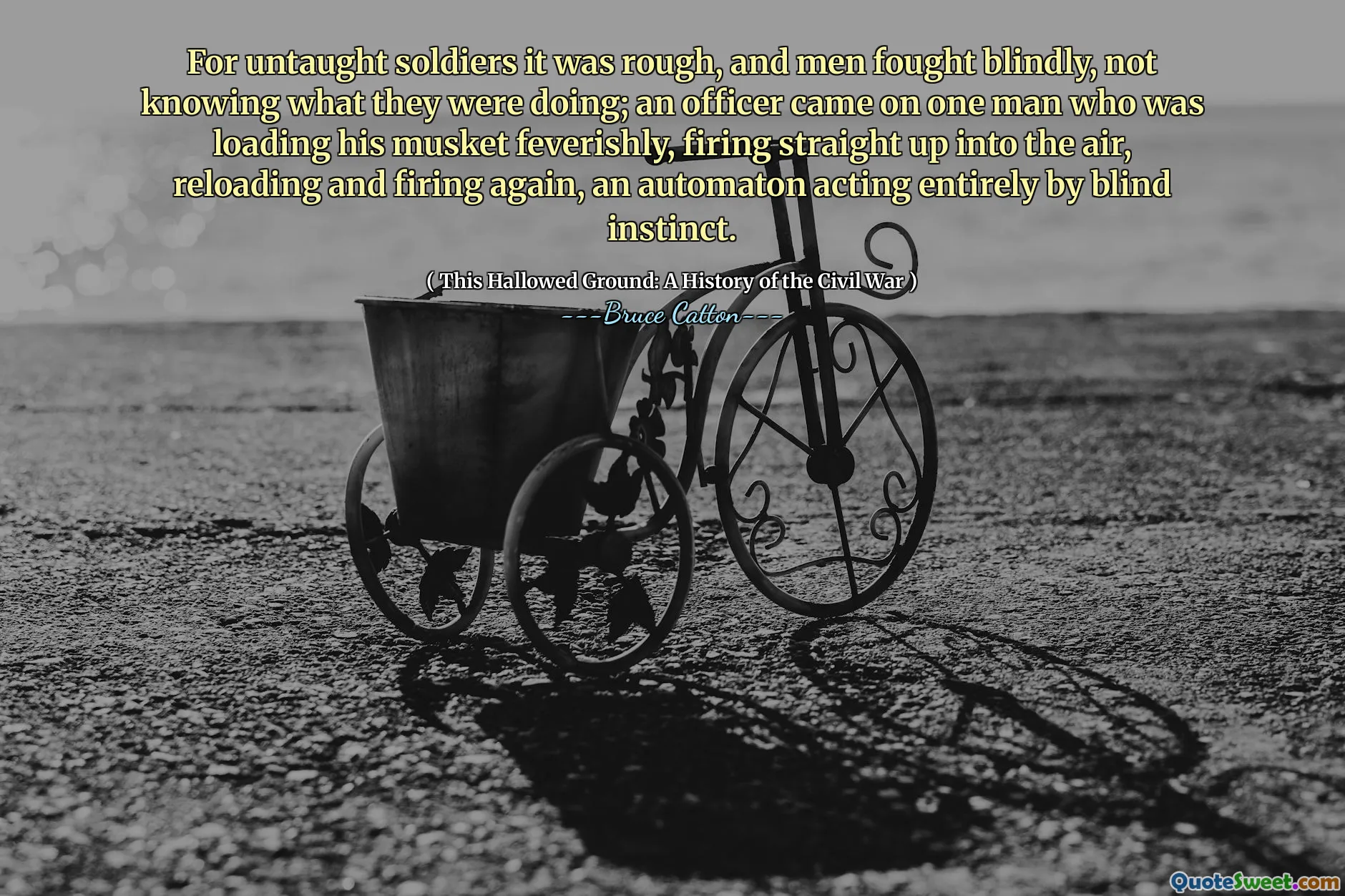 For utnyttede soldater var det grovt, og menn kjempet blindt, uten å vite hva de gjorde; En offiser kom på en mann som lastet sin muskett feberaktig, avfyrte rett opp i luften, lastet om og skyter igjen, en automat som opptrer helt av blindt instinkt.