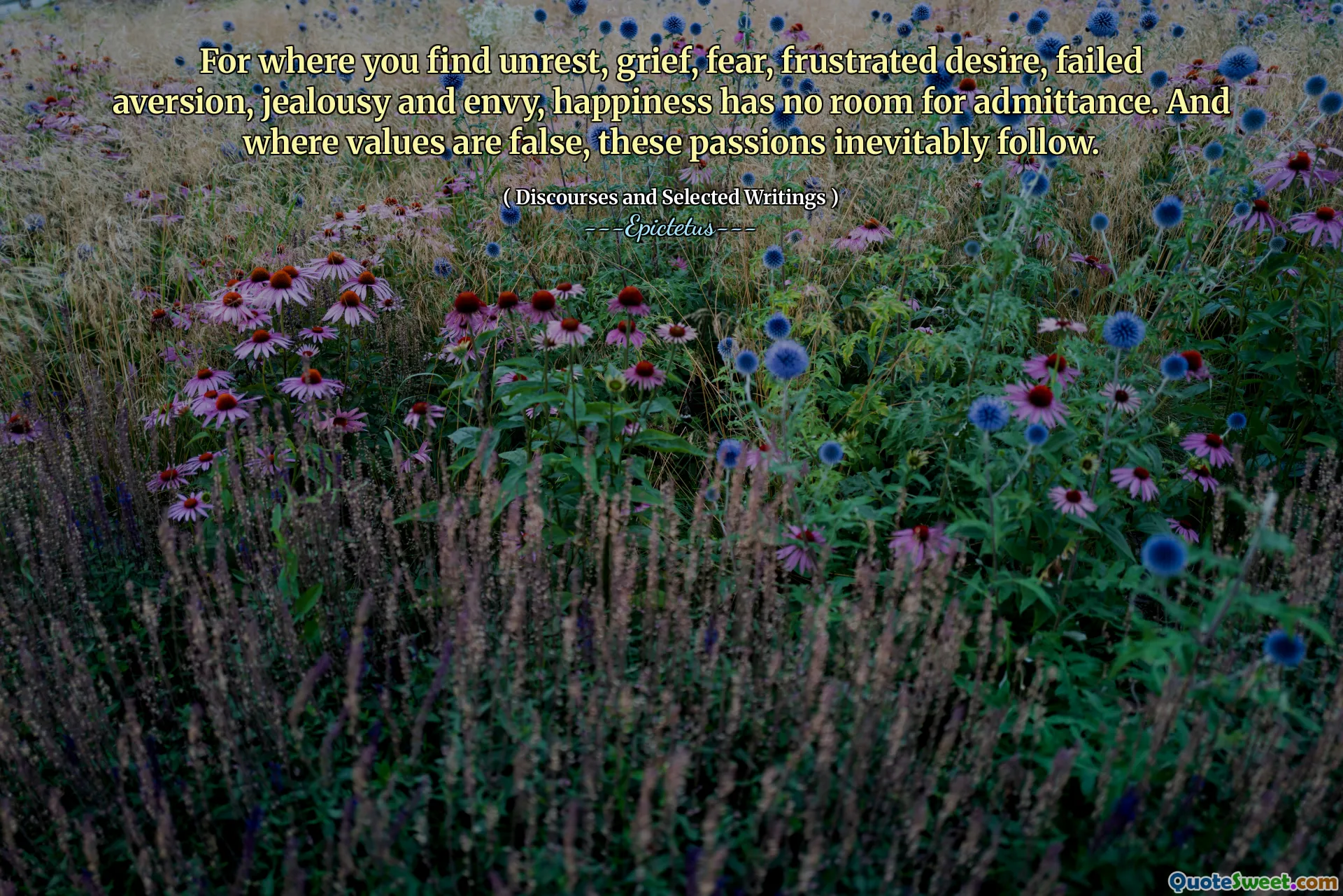 حيث تجد الاضطرابات والحزن والخوف والرغبة المحبطة والنفوس والغيرة والحسد ، ليس لدى السعادة مجال للقبول. وحيث تكون القيم خاطئة ، تتبع هذه المشاعر حتماً.