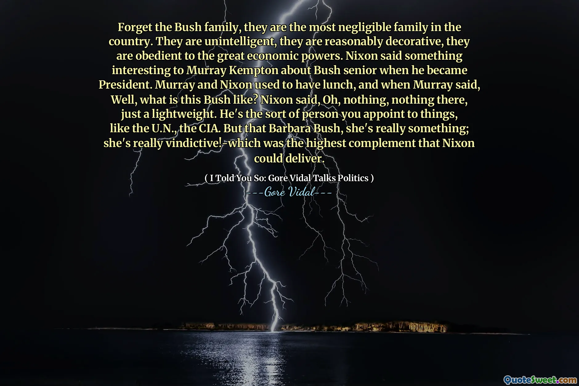 Forget the Bush family, they are the most negligible family in the country. They are unintelligent, they are reasonably decorative, they are obedient to the great economic powers. Nixon said something interesting to Murray Kempton about Bush senior when he became President. Murray and Nixon used to have lunch, and when Murray said, Well, what is this Bush like? Nixon said, Oh, nothing, nothing there, just a lightweight. He's the sort of person you appoint to things, like the U.N., the CIA. But that Barbara Bush, she's really something; she's really vindictive!-which was the highest complement that Nixon could deliver.