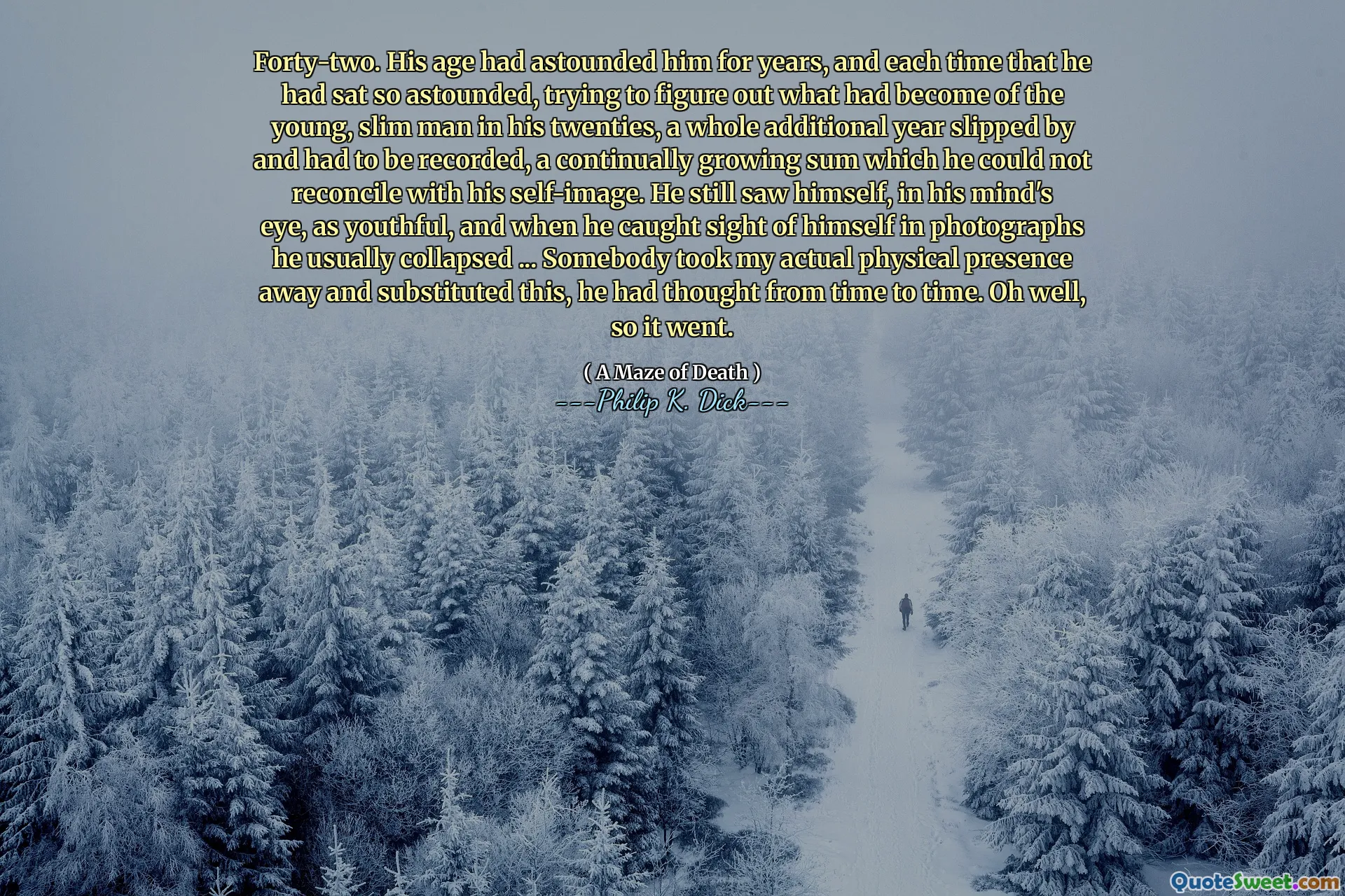 Forty-two. His age had astounded him for years, and each time that he had sat so astounded, trying to figure out what had become of the young, slim man in his twenties, a whole additional year slipped by and had to be recorded, a continually growing sum which he could not reconcile with his self-image. He still saw himself, in his mind's eye, as youthful, and when he caught sight of himself in photographs he usually collapsed ... Somebody took my actual physical presence away and substituted this, he had thought from time to time. Oh well, so it went.