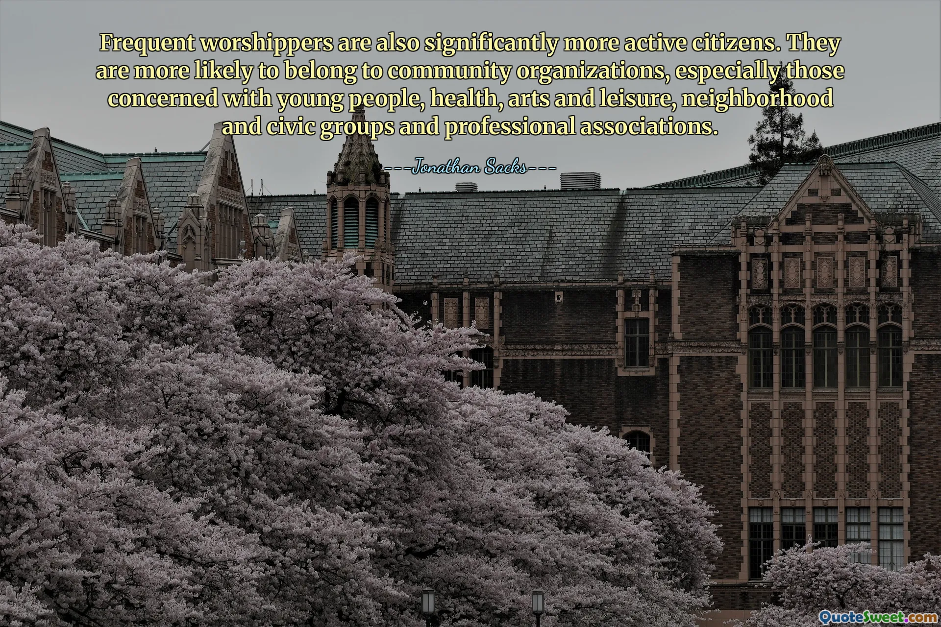 Frequent worshippers are also significantly more active citizens. They are more likely to belong to community organizations, especially those concerned with young people, health, arts and leisure, neighborhood and civic groups and professional associations.