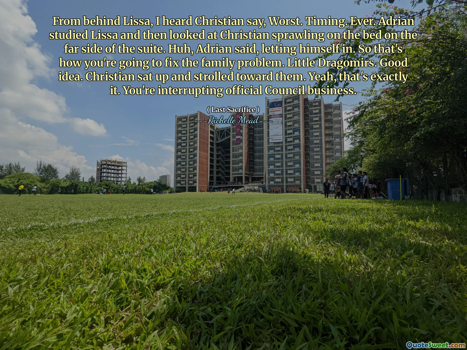 From behind Lissa, I heard Christian say, Worst. Timing. Ever. Adrian studied Lissa and then looked at Christian sprawling on the bed on the far side of the suite. Huh, Adrian said, letting himself in. So that's how you're going to fix the family problem. Little Dragomirs. Good idea. Christian sat up and strolled toward them. Yeah, that's exactly it. You're interrupting official Council business.