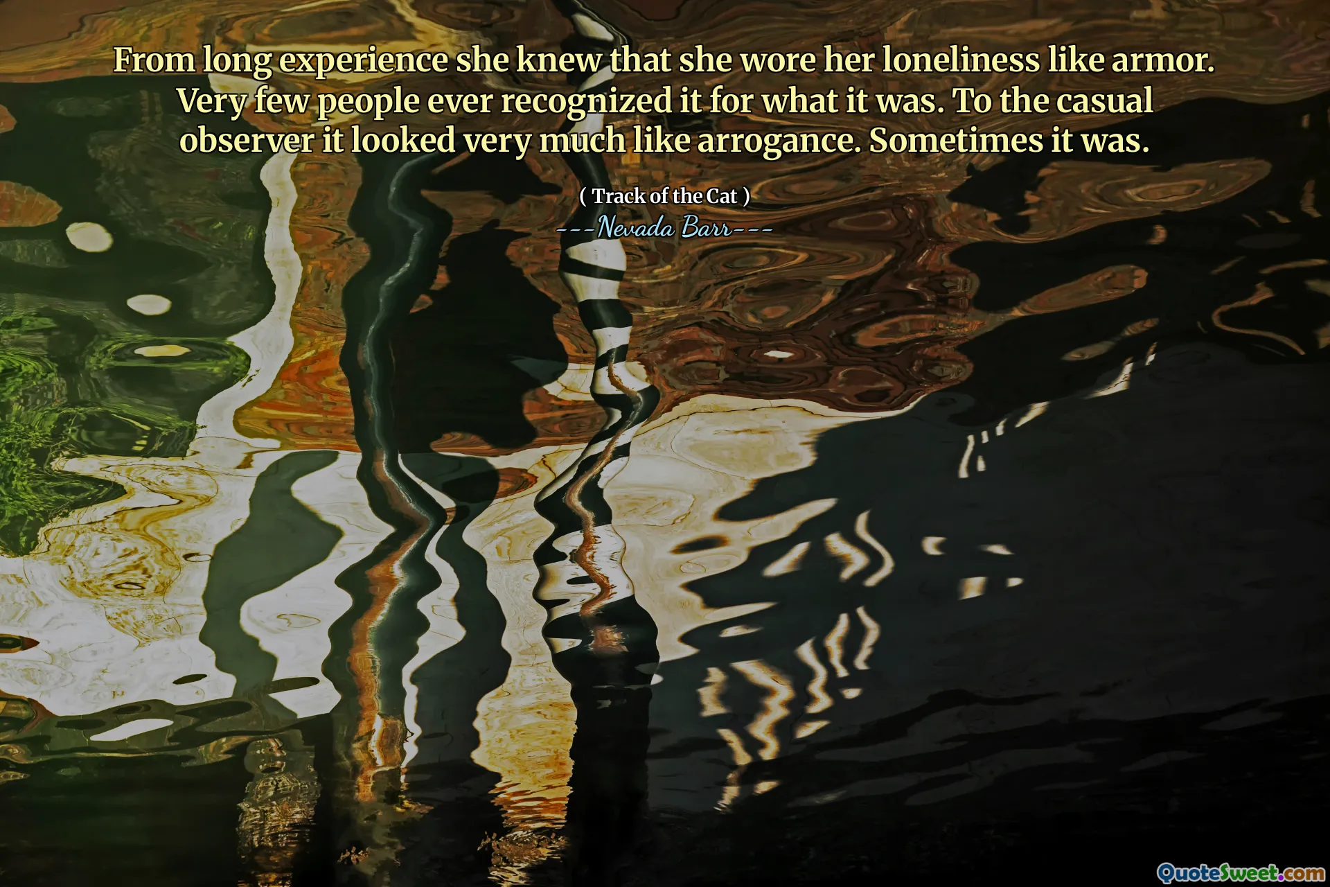 From long experience she knew that she wore her loneliness like armor. Very few people ever recognized it for what it was. To the casual observer it looked very much like arrogance. Sometimes it was.
