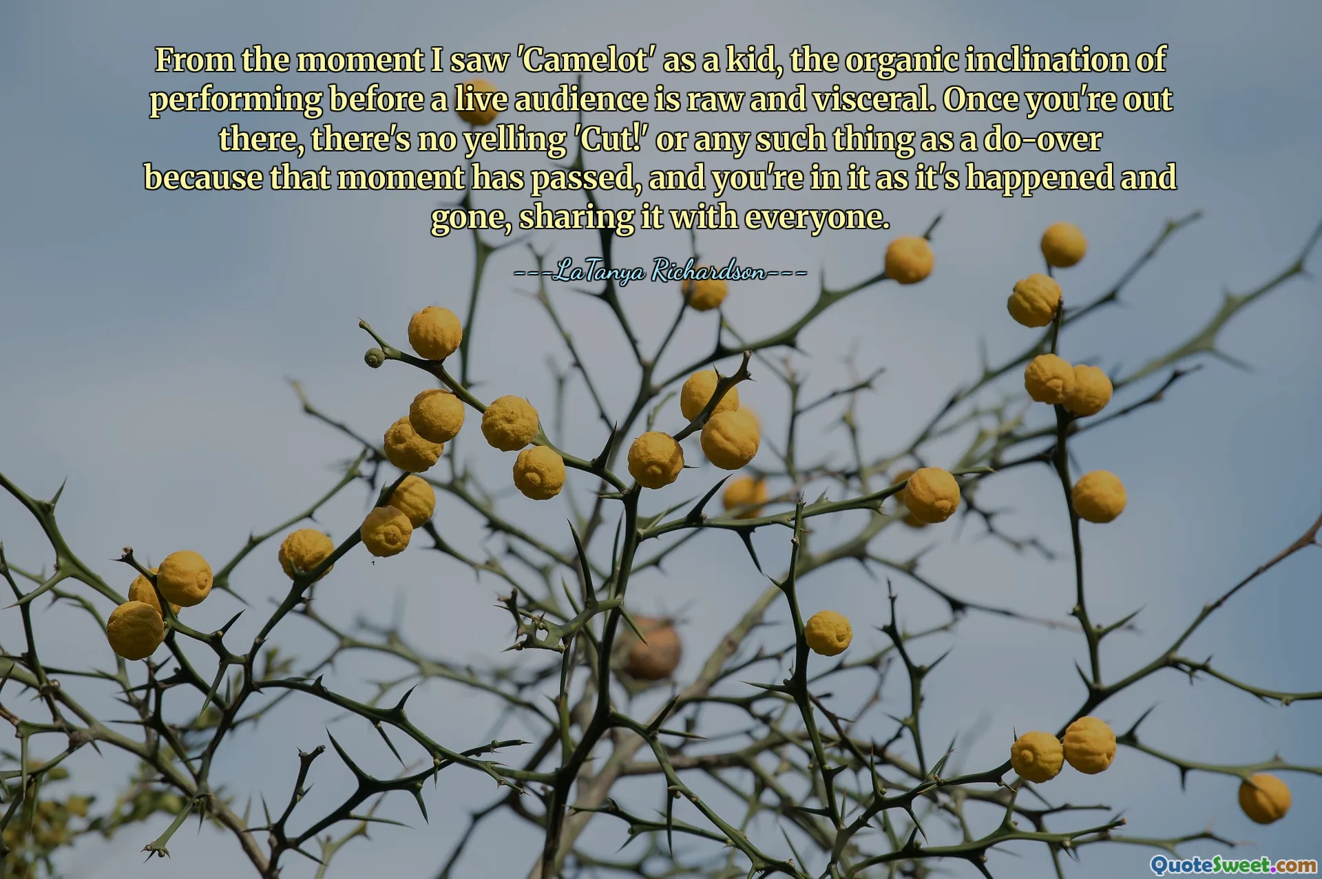 From the moment I saw 'Camelot' as a kid, the organic inclination of performing before a live audience is raw and visceral. Once you're out there, there's no yelling 'Cut!' or any such thing as a do-over because that moment has passed, and you're in it as it's happened and gone, sharing it with everyone.