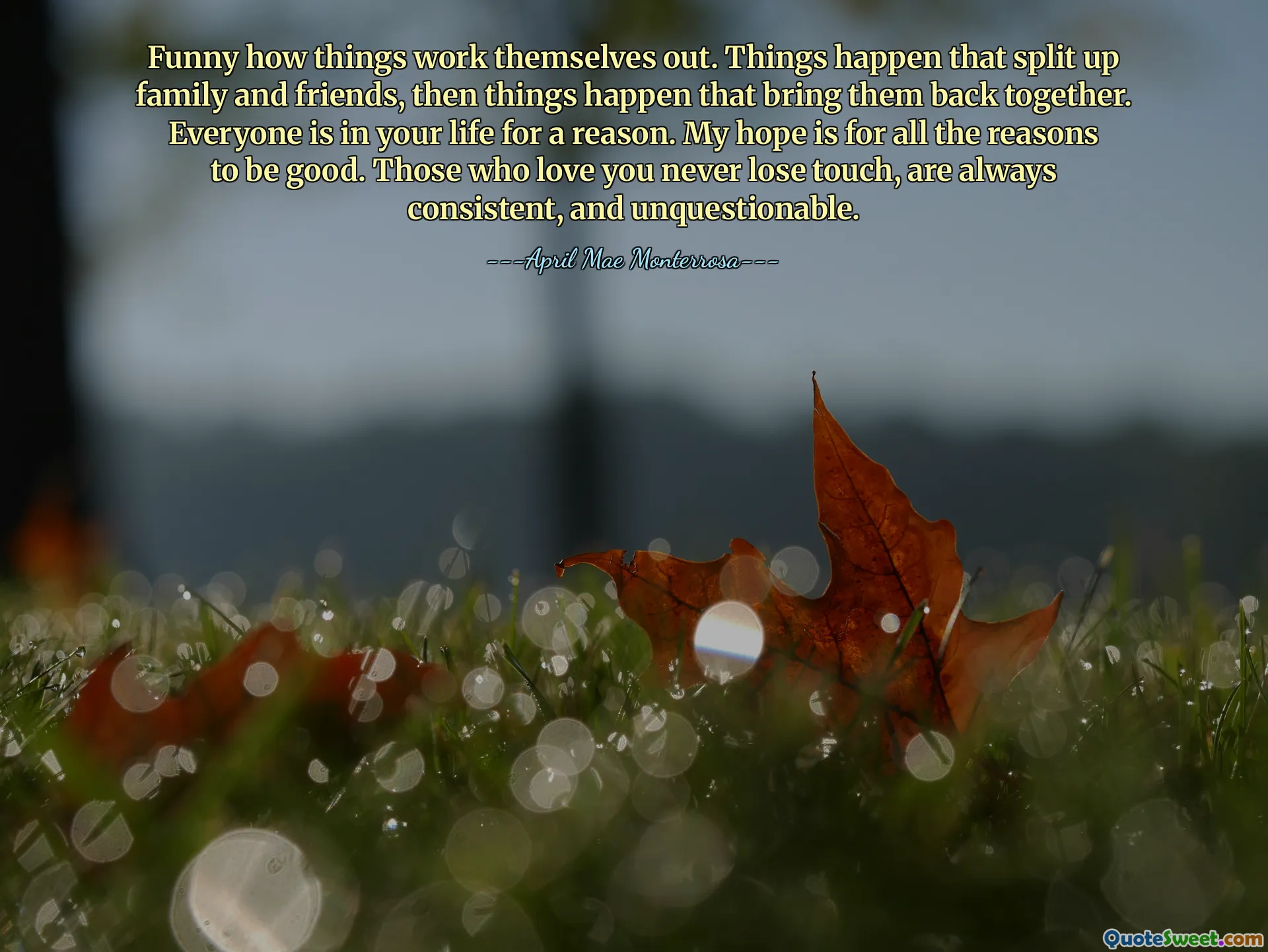 Funny how things work themselves out. Things happen that split up family and friends, then things happen that bring them back together. Everyone is in your life for a reason. My hope is for all the reasons to be good. Those who love you never lose touch, are always consistent, and unquestionable.