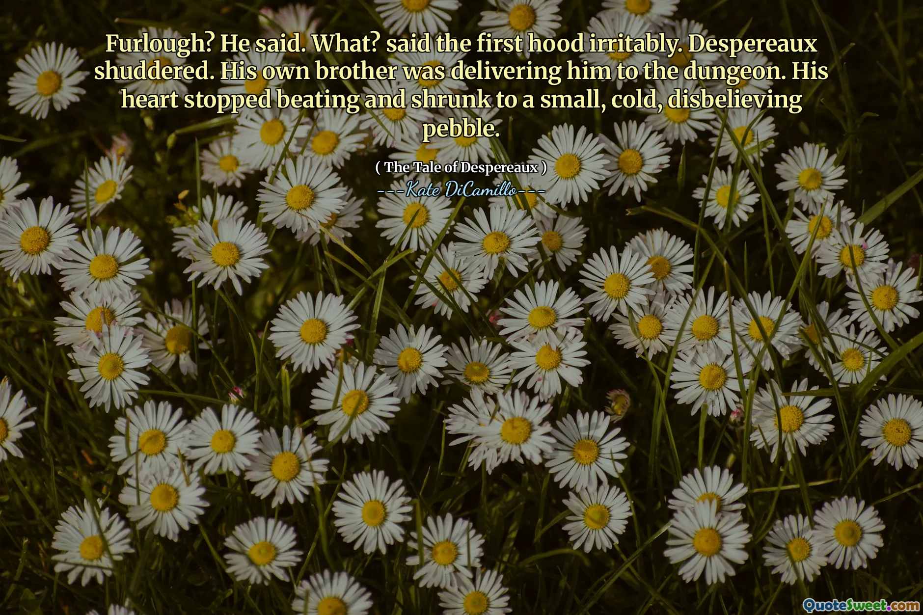 Furlough? He said. What? said the first hood irritably. Despereaux shuddered. His own brother was delivering him to the dungeon. His heart stopped beating and shrunk to a small, cold, disbelieving pebble.