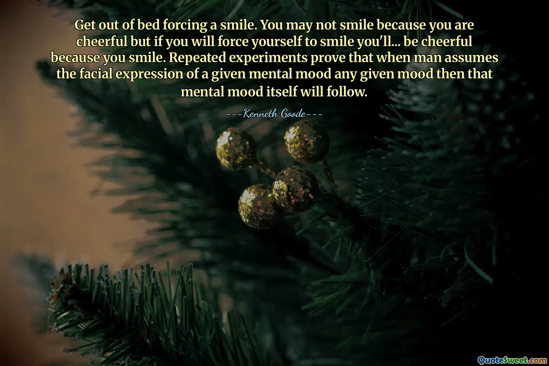 Get out of bed forcing a smile. You may not smile because you are cheerful but if you will force yourself to smile you'll... be cheerful because you smile. Repeated experiments prove that when man assumes the facial expression of a given mental mood any given mood then that mental mood itself will follow.