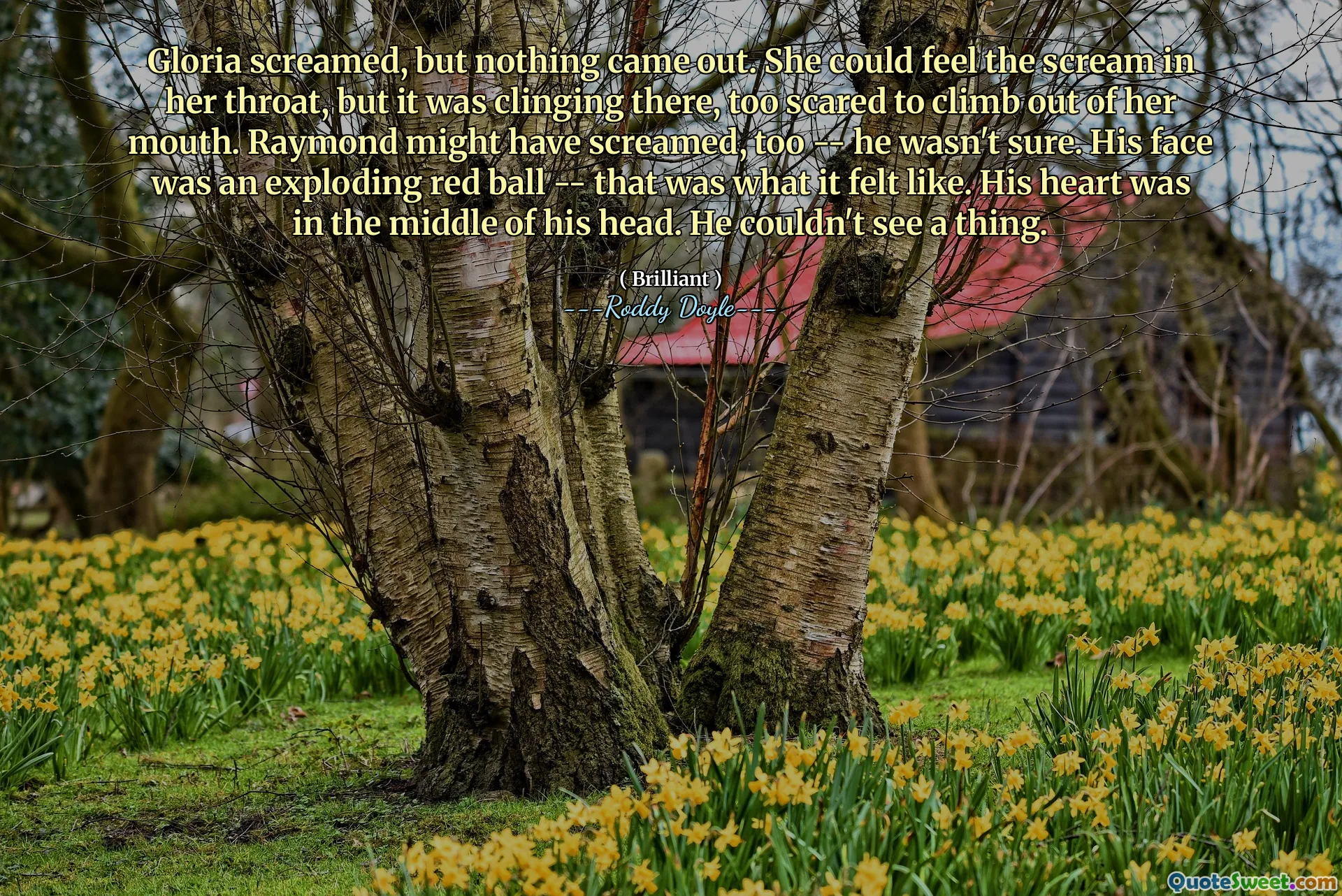 Gloria screamed, but nothing came out. She could feel the scream in her throat, but it was clinging there, too scared to climb out of her mouth. Raymond might have screamed, too -- he wasn't sure. His face was an exploding red ball -- that was what it felt like. His heart was in the middle of his head. He couldn't see a thing.