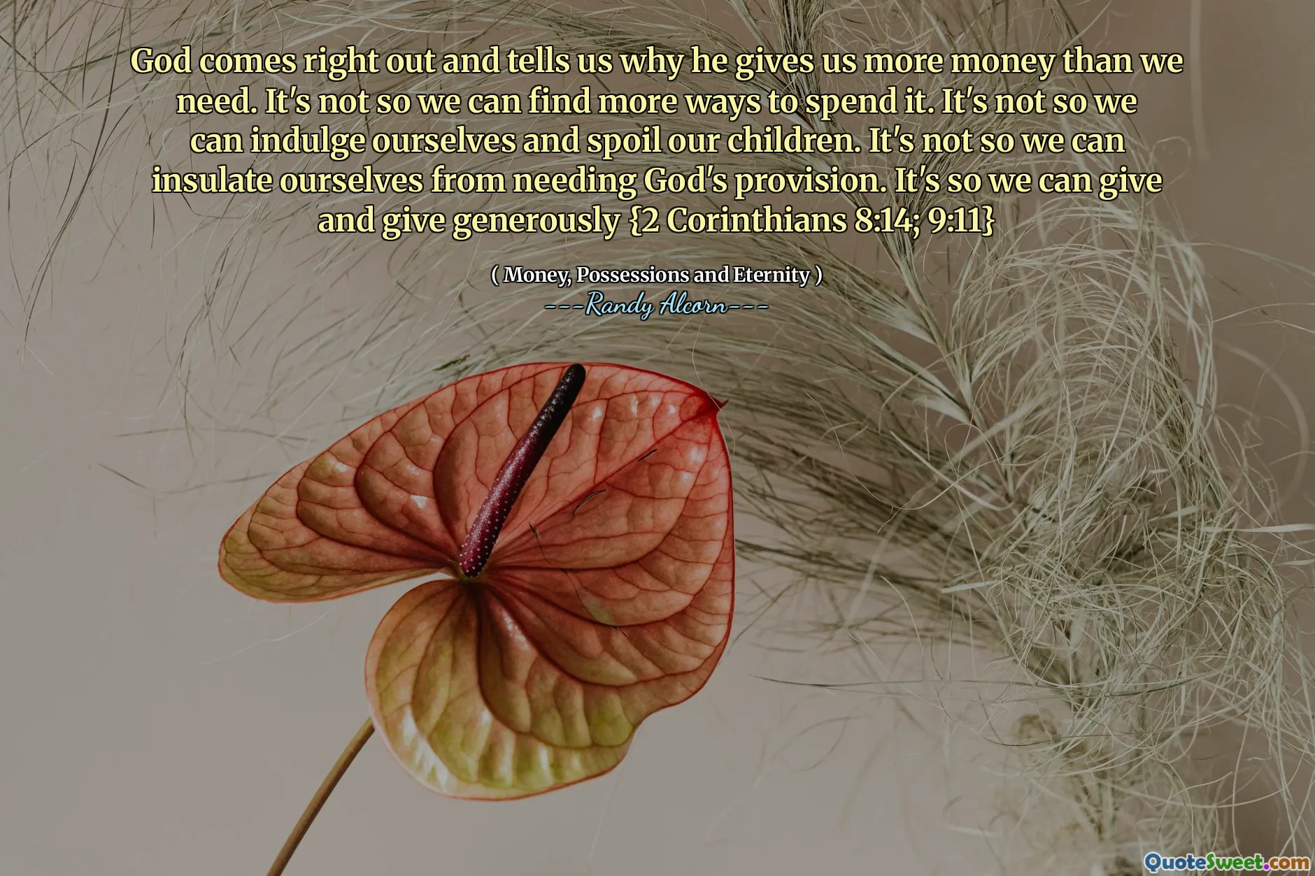 God comes right out and tells us why he gives us more money than we need. It's not so we can find more ways to spend it. It's not so we can indulge ourselves and spoil our children. It's not so we can insulate ourselves from needing God's provision. It's so we can give and give generously {2 Corinthians 8:14; 9:11}