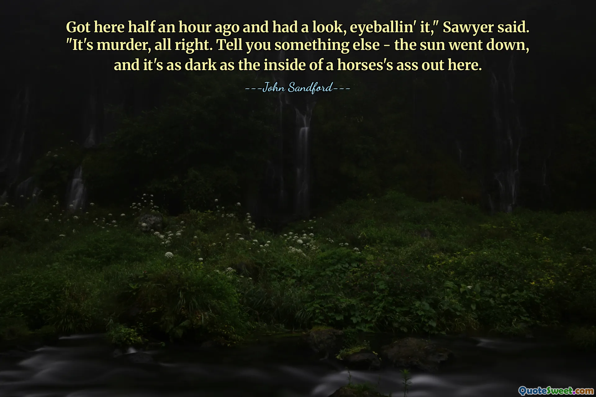 Got here half an hour ago and had a look, eyeballin' it," Sawyer said. "It's murder, all right. Tell you something else - the sun went down, and it's as dark as the inside of a horses's ass out here.