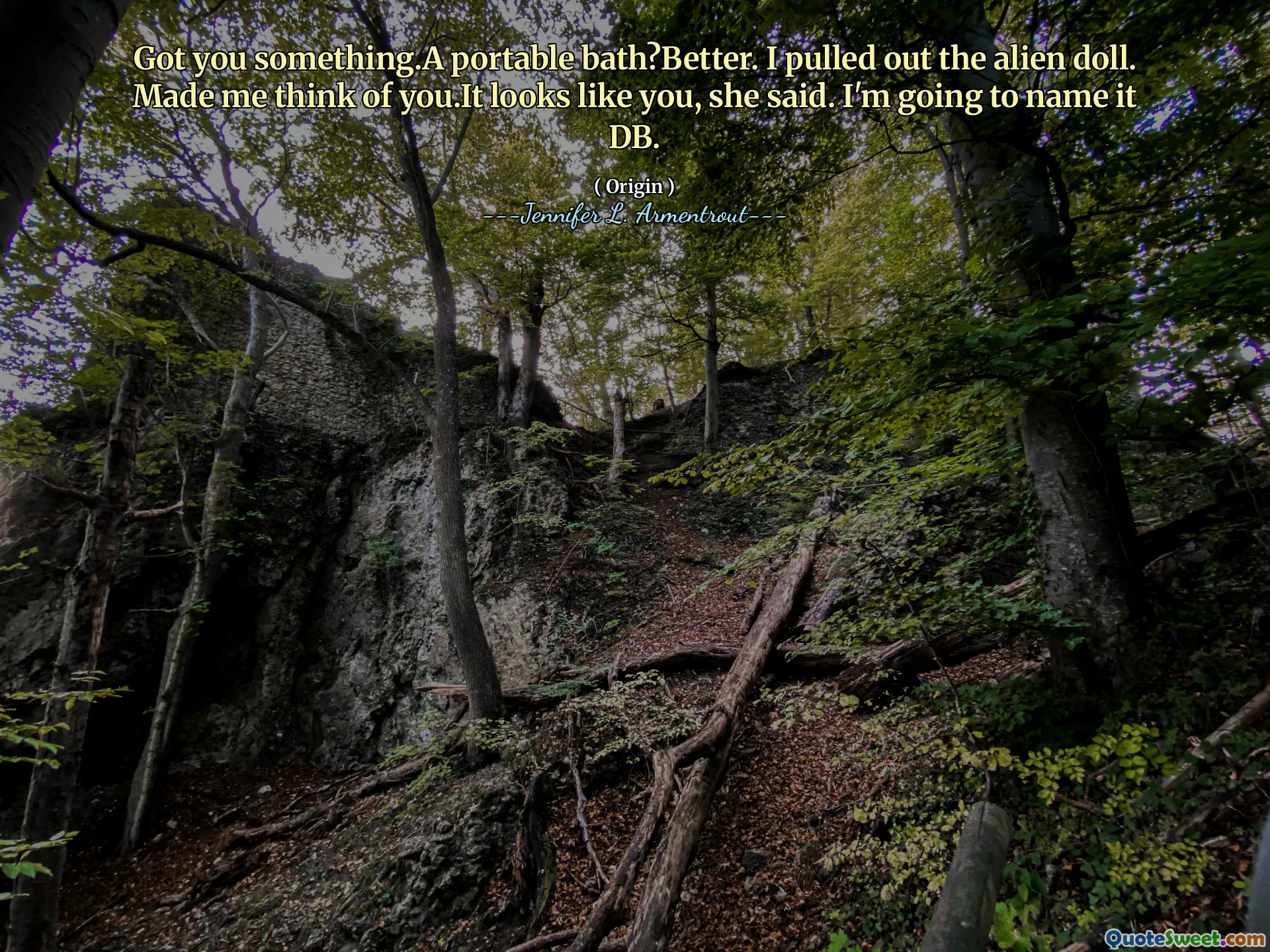 Got you something.A portable bath?Better. I pulled out the alien doll. Made me think of you.It looks like you, she said. I'm going to name it DB.