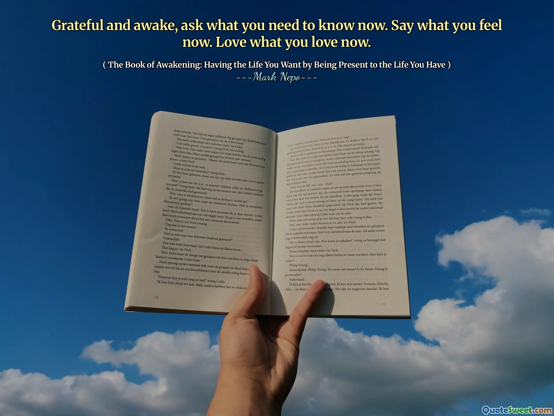 Recunoscător și treaz, întrebați ce trebuie să știți acum. Spune ce simți acum. Iubește ceea ce iubești acum.