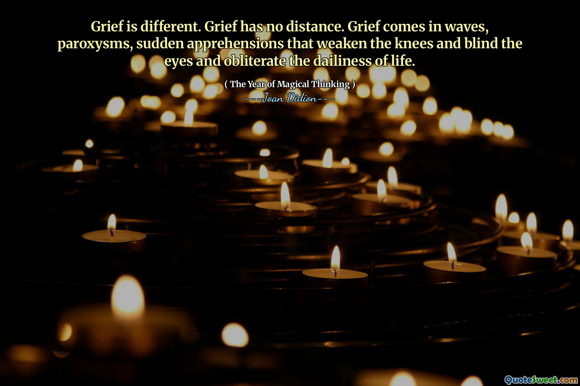 Grief is different. Grief has no distance. Grief comes in waves, paroxysms, sudden apprehensions that weaken the knees and blind the eyes and obliterate the dailiness of life.