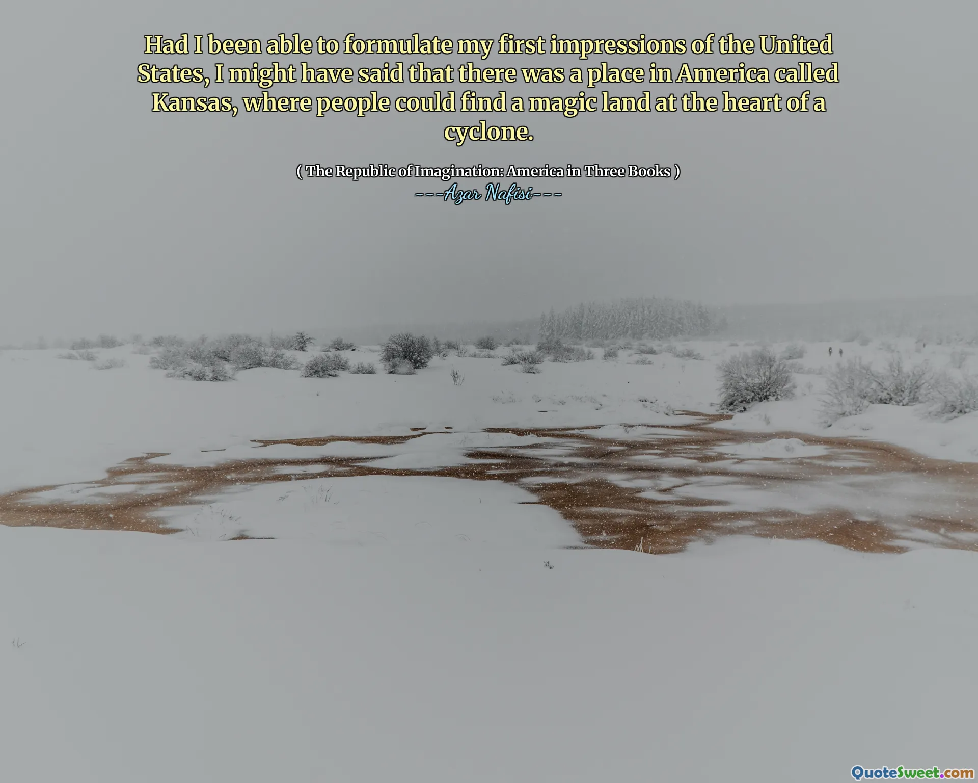 如果我能够对美国的第一印象，我可能会说，在美国有一个名为堪萨斯州的地方，人们可以在旋风中找到魔术土地。