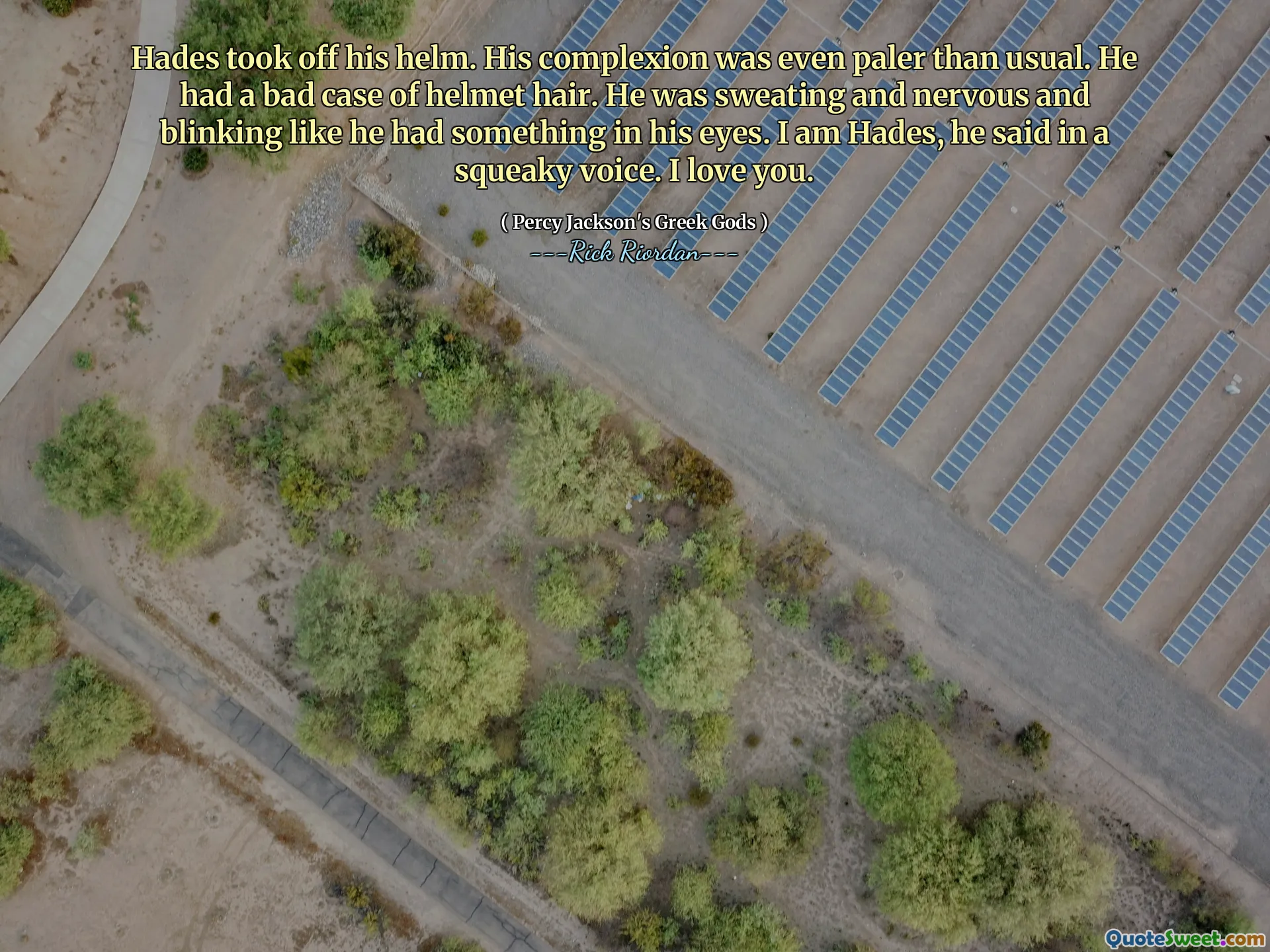 Hades took off his helm. His complexion was even paler than usual. He had a bad case of helmet hair. He was sweating and nervous and blinking like he had something in his eyes. I am Hades, he said in a squeaky voice. I love you.