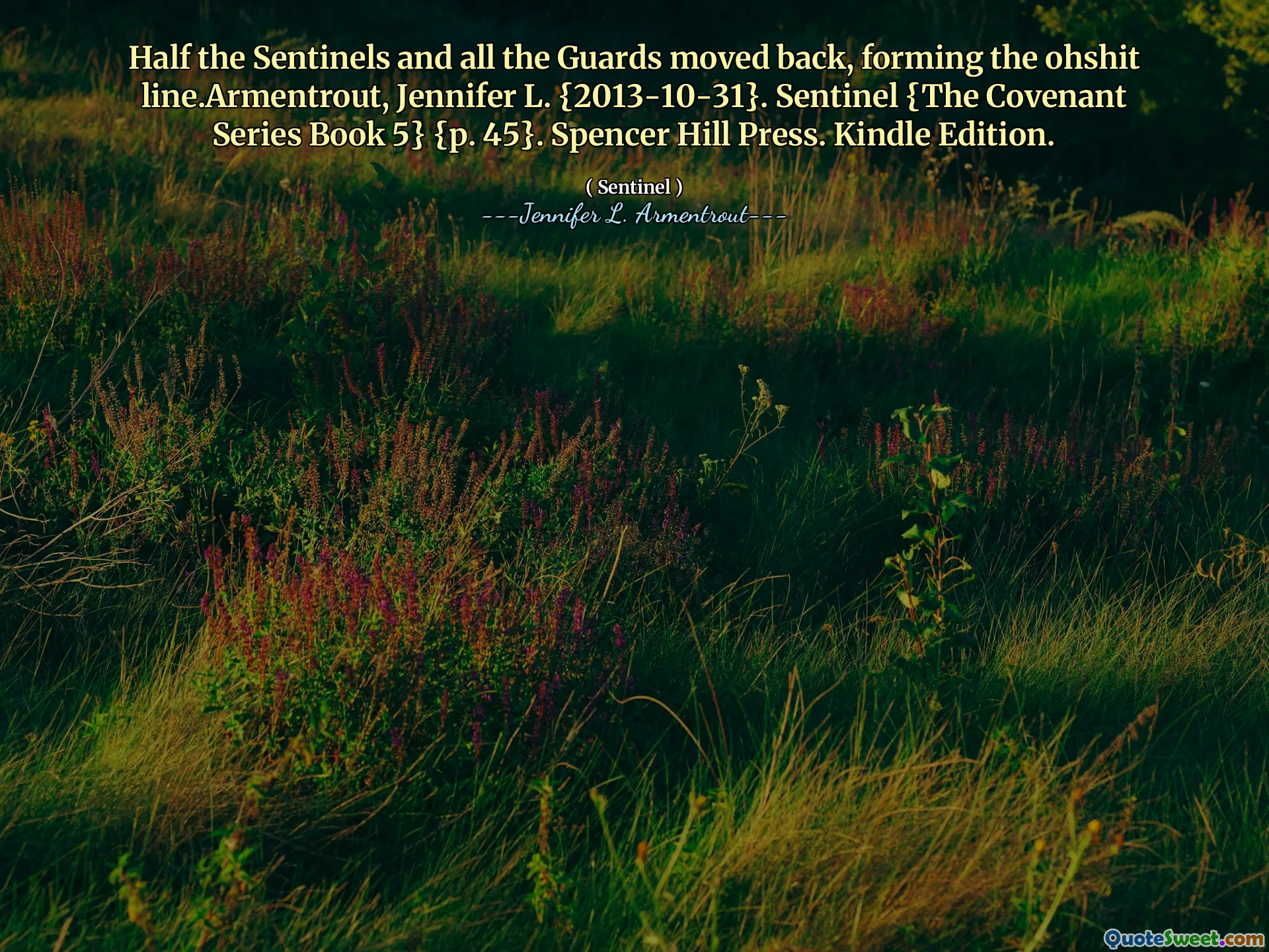 Half the Sentinels and all the Guards moved back, forming the ohshit line.Armentrout, Jennifer L. {2013-10-31}. Sentinel {The Covenant Series Book 5} {p. 45}. Spencer Hill Press. Kindle Edition.
