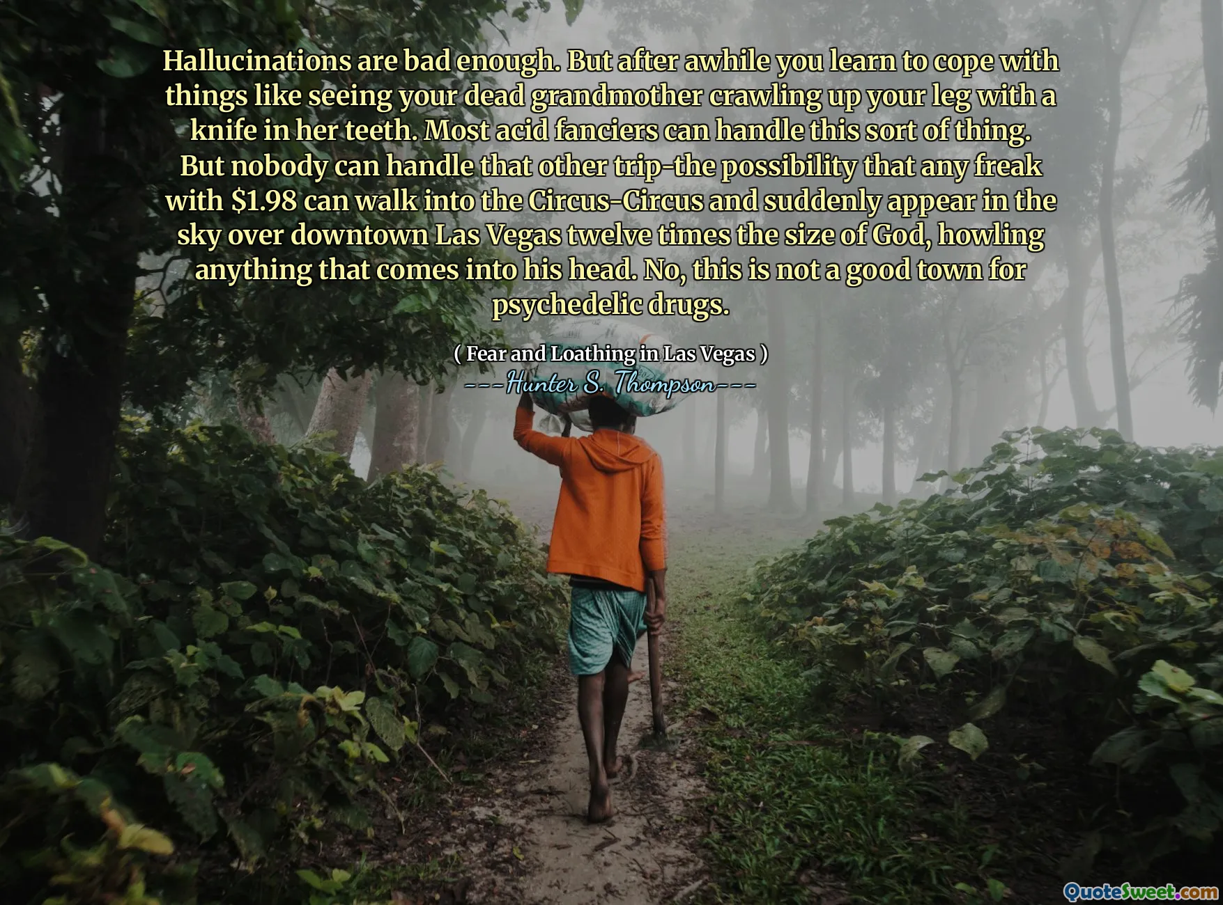 Hallusinasjoner er dårlige nok. Men etter en stund lærer du å takle ting som å se den døde bestemoren din krype opp beinet ditt med en kniv i tennene. De fleste syrefansere kan takle denne typen ting. Men ingen kan takle den andre turen-muligheten for at en hvilken som helst freak med $ 1,98 kan gå inn i sirkus-kretsen og plutselig vises på himmelen over sentrum av Las Vegas tolv ganger på Guds størrelse, og hyler alt som kommer inn i hodet hans. Nei, dette er ikke en god by for psykedeliske medisiner.