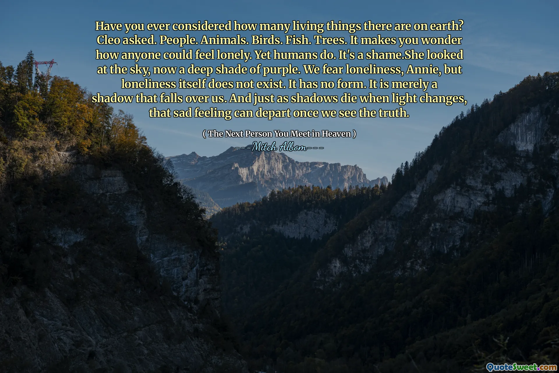 Have you ever considered how many living things there are on earth? Cleo asked. People. Animals. Birds. Fish. Trees. It makes you wonder how anyone could feel lonely. Yet humans do. It's a shame.She looked at the sky, now a deep shade of purple. We fear loneliness, Annie, but loneliness itself does not exist. It has no form. It is merely a shadow that falls over us. And just as shadows die when light changes, that sad feeling can depart once we see the truth.