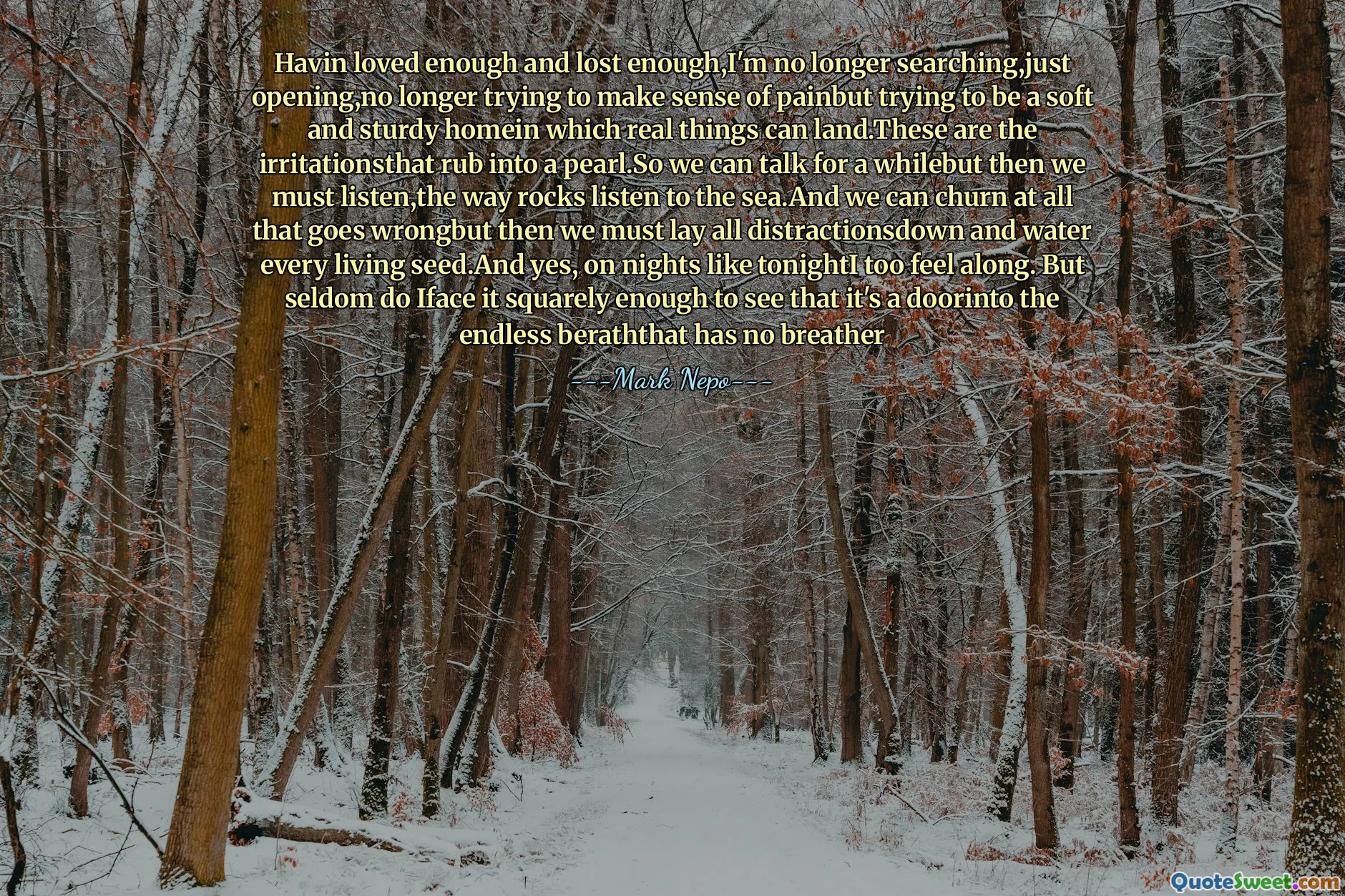 哈文（Havin Havin）足够热爱并且失去了足够的爱，我不再搜索，不再只是试图让疼痛感，试图成为一个柔软而坚固的家乡，真实的东西可以降落。今晚我也感到。但是很少有iface它足够直接地看到它是一个门into，无尽的berathth没有喘息