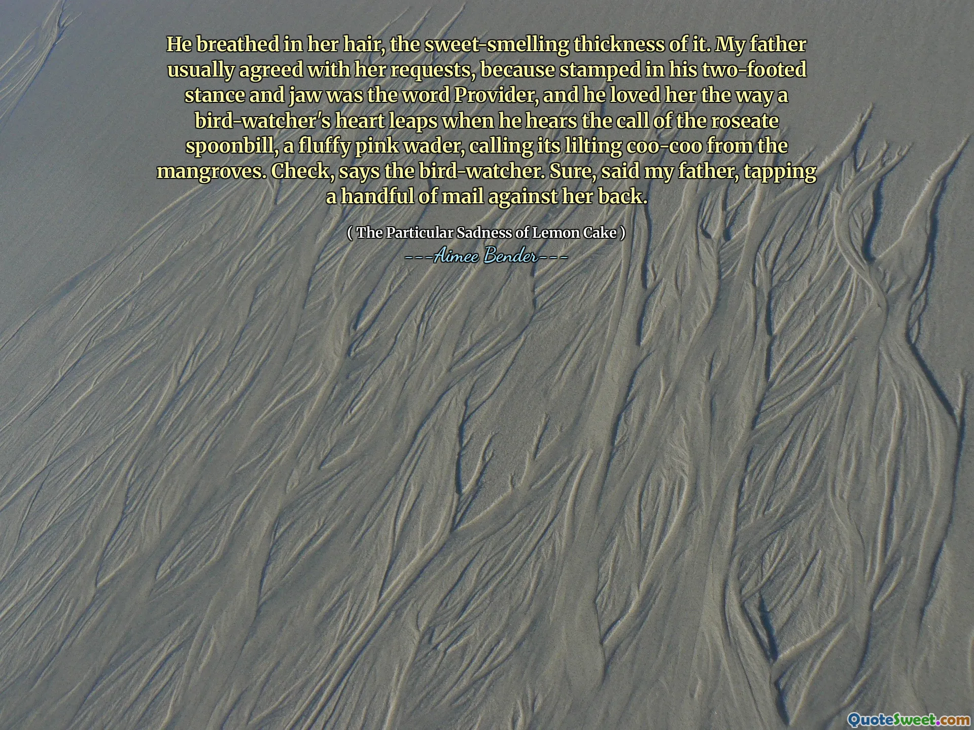Han pustet inn håret hennes, den søtluktende tykkelsen på det. Min far var vanligvis enig i forespørslene sine, fordi han stemplet i sin tofots holdning og kjeve var ordleverandøren, og han elsket henne slik en fugle-watchers hjerte hopper når han hører samtalen fra Roseate Spoonbill, en fluffy rosa wader, og kaller sin lilt coo-coo fra mangrovene. Sjekk, sier fugletatøren. Jada, sa faren min og banket på en håndfull post mot ryggen.