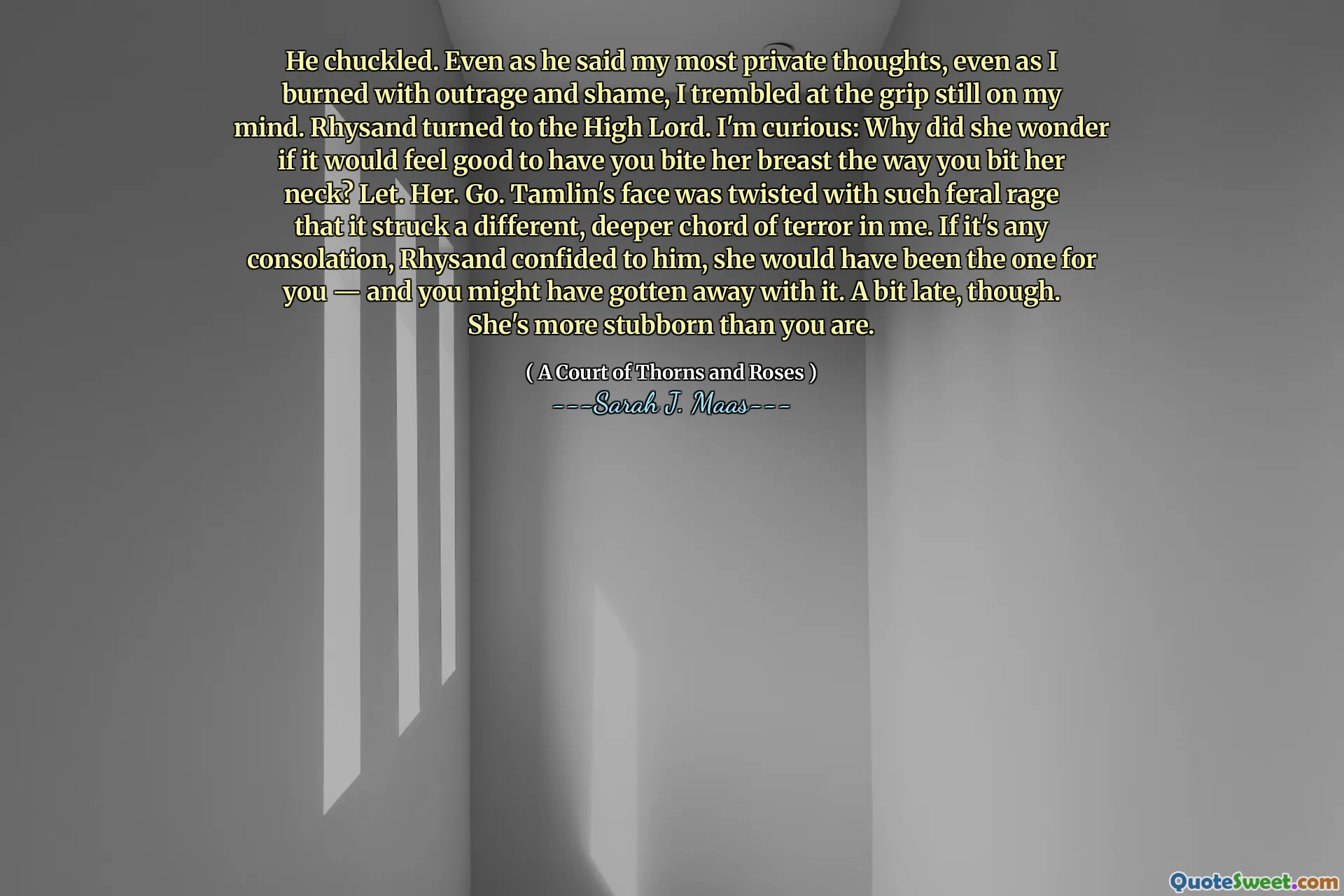 He chuckled. Even as he said my most private thoughts, even as I burned with outrage and shame, I trembled at the grip still on my mind. Rhysand turned to the High Lord. I'm curious: Why did she wonder if it would feel good to have you bite her breast the way you bit her neck? Let. Her. Go. Tamlin's face was twisted with such feral rage that it struck a different, deeper chord of terror in me. If it's any consolation, Rhysand confided to him, she would have been the one for you — and you might have gotten away with it. A bit late, though. She's more stubborn than you are.