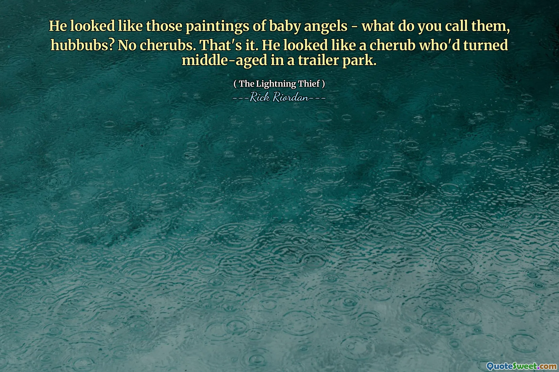 He looked like those paintings of baby angels - what do you call them, hubbubs? No cherubs. That's it. He looked like a cherub who'd turned middle-aged in a trailer park.