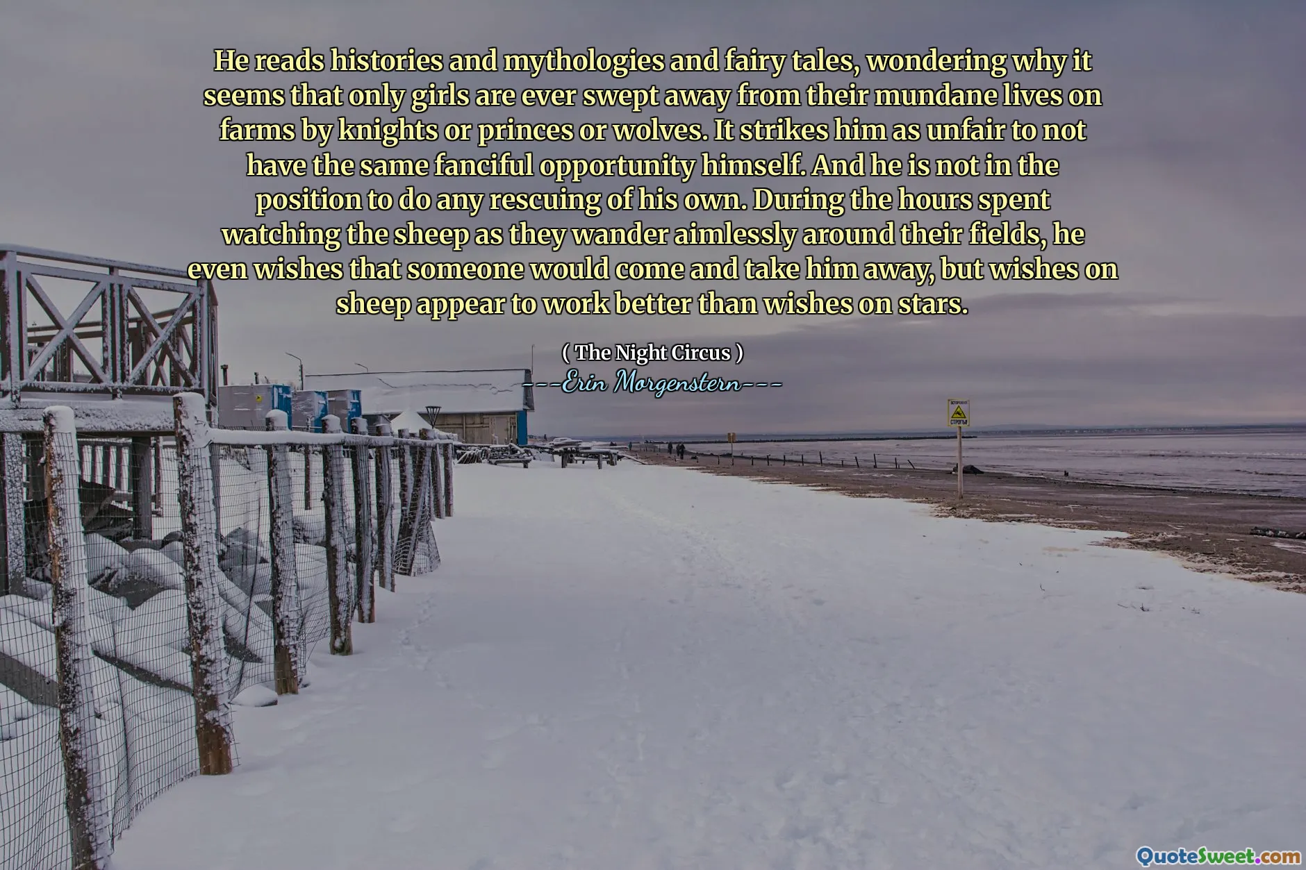 He reads histories and mythologies and fairy tales, wondering why it seems that only girls are ever swept away from their mundane lives on farms by knights or princes or wolves. It strikes him as unfair to not have the same fanciful opportunity himself. And he is not in the position to do any rescuing of his own. During the hours spent watching the sheep as they wander aimlessly around their fields, he even wishes that someone would come and take him away, but wishes on sheep appear to work better than wishes on stars.