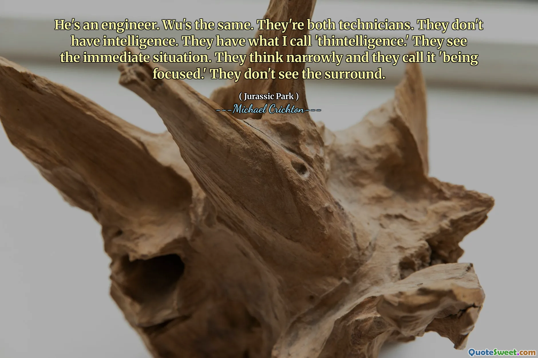 Dia seorang insinyur. Wu sama. Mereka berdua teknisi. Mereka tidak memiliki kecerdasan. Mereka memiliki apa yang saya sebut 'intelligence.' Mereka melihat situasi langsung. Mereka berpikir sempit dan mereka menyebutnya 'fokus.' Mereka tidak melihat surround.