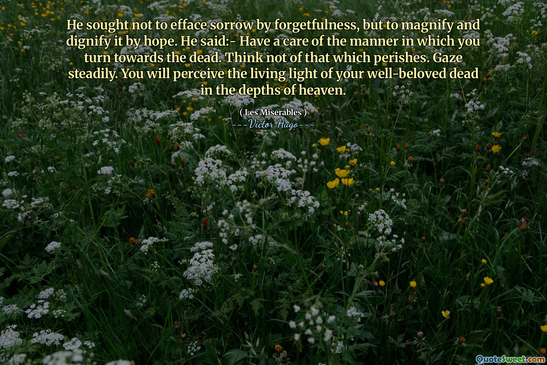 He sought not to efface sorrow by forgetfulness, but to magnify and dignify it by hope. He said:- Have a care of the manner in which you turn towards the dead. Think not of that which perishes. Gaze steadily. You will perceive the living light of your well-beloved dead in the depths of heaven.