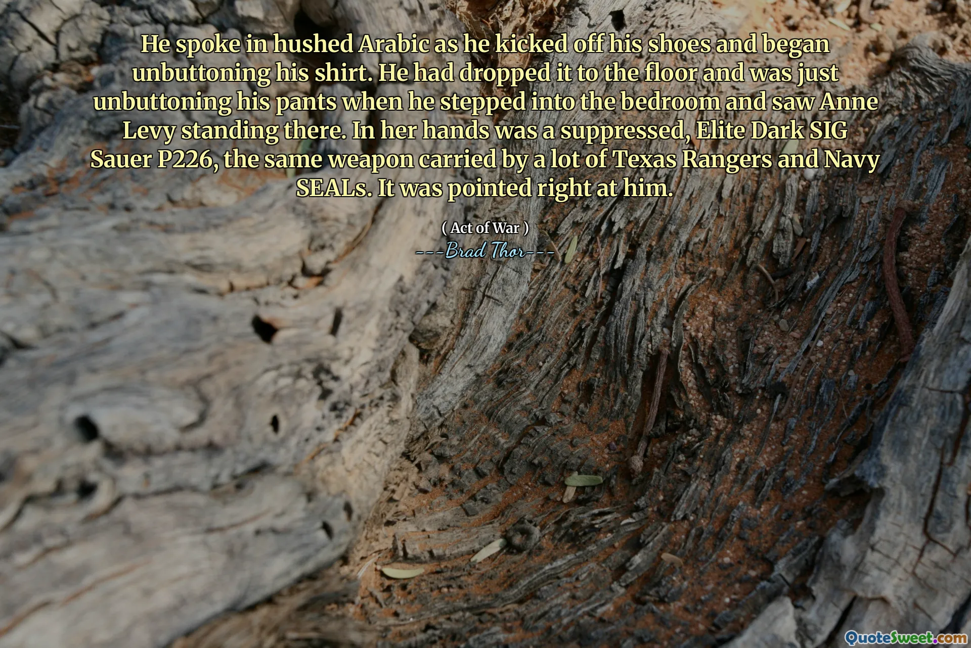 Han talade på skymt arabiska när han sparkade av sig skorna och började lossa sin skjorta. Han hade tappat den på golvet och lossade bara byxorna när han gick in i sovrummet och såg Anne Levy stå där. I hennes händer var en undertryckt, Elite Dark Sig Sauer P226, samma vapen som bärs av många Texas Rangers och Navy Seals. Det pekades precis mot honom.
