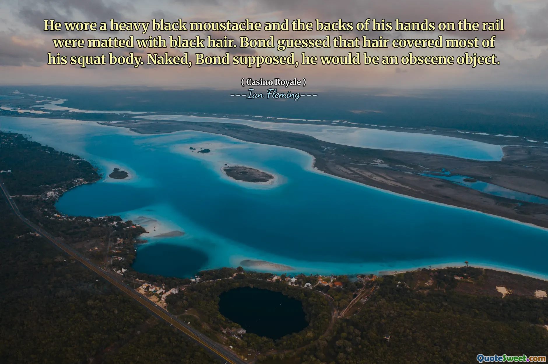 He wore a heavy black moustache and the backs of his hands on the rail were matted with black hair. Bond guessed that hair covered most of his squat body. Naked, Bond supposed, he would be an obscene object.