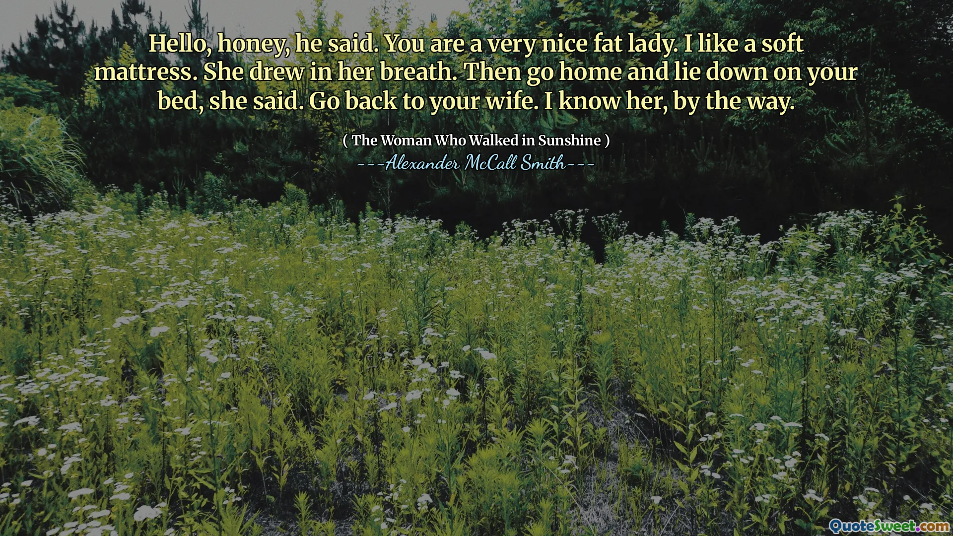 Hej, älskling, sa han. Du är en mycket trevlig fet dam. Jag gillar en mjuk madrass. Hon drog i andan. Gå sedan hem och ligga på din säng, sa hon. Gå tillbaka till din fru. Jag känner henne förresten.