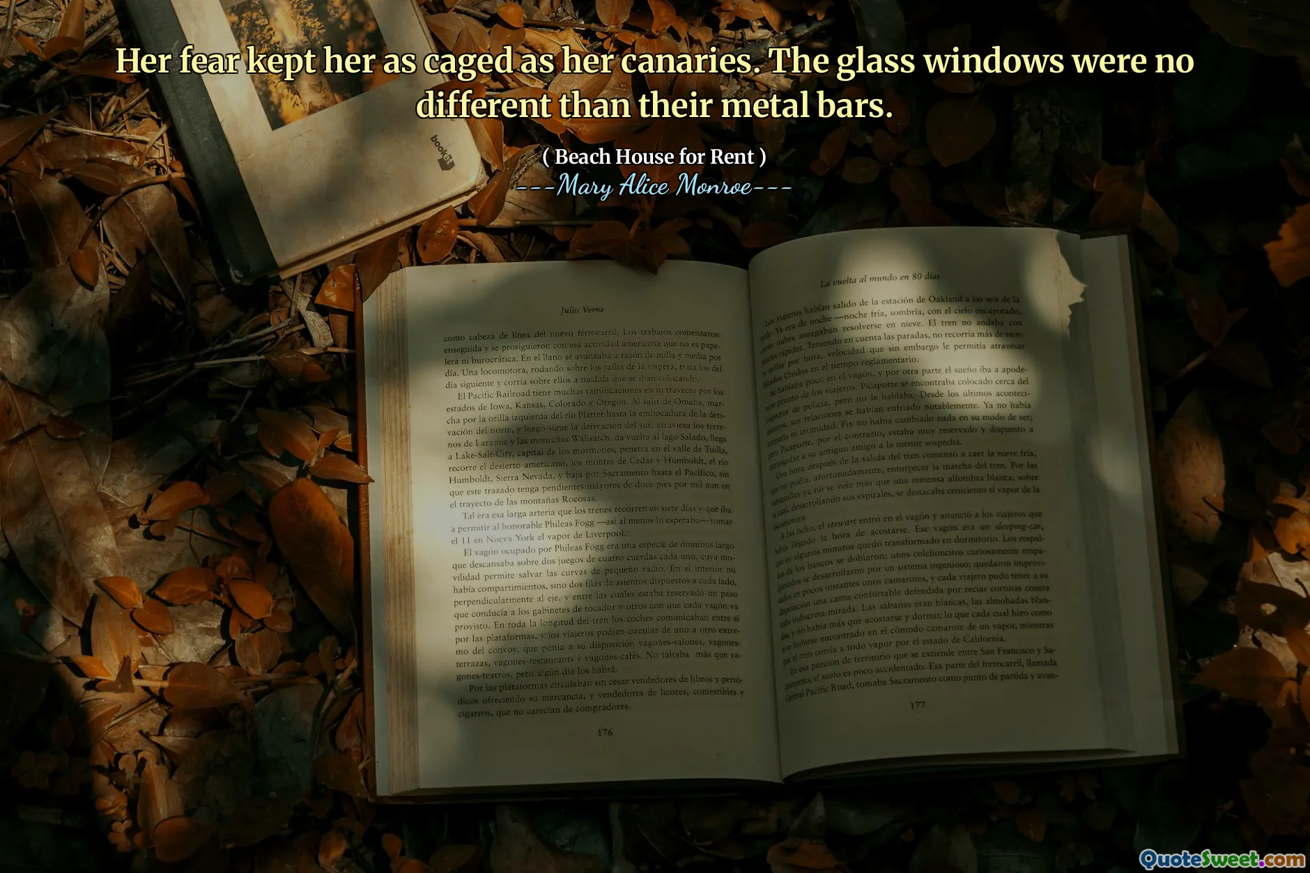 她的恐惧使她像金丝雀一样笼罩着她。玻璃窗与金属条没有什么不同。