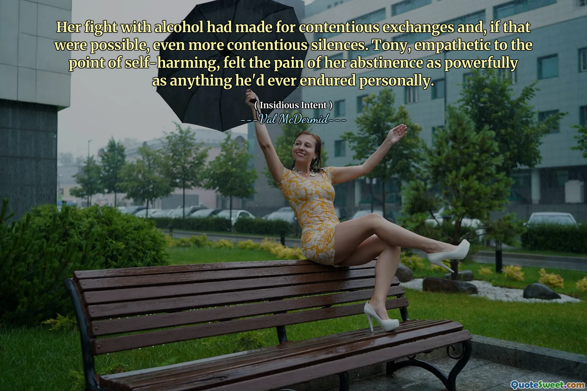 Her fight with alcohol had made for contentious exchanges and, if that were possible, even more contentious silences. Tony, empathetic to the point of self-harming, felt the pain of her abstinence as powerfully as anything he'd ever endured personally.