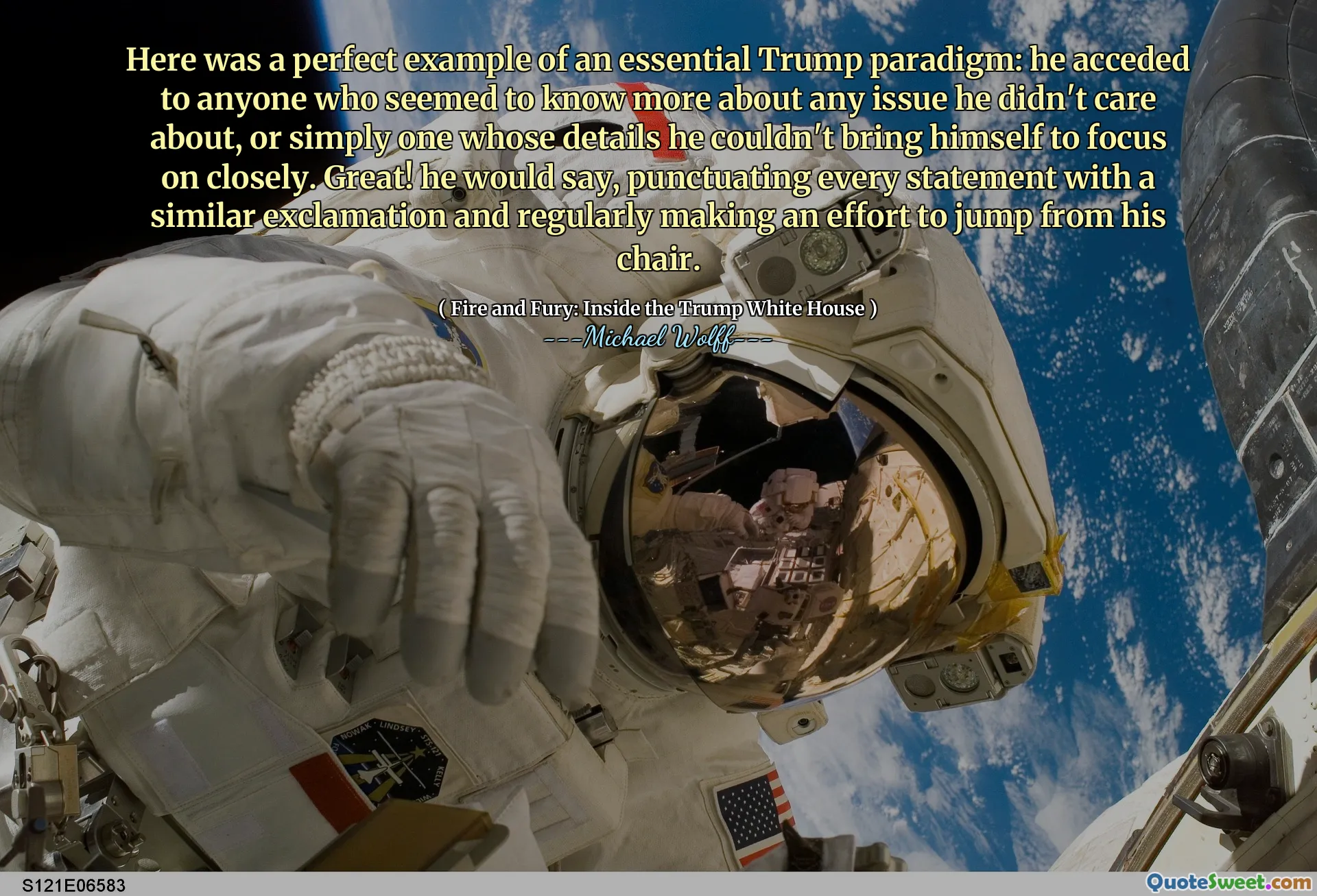 Here was a perfect example of an essential Trump paradigm: he acceded to anyone who seemed to know more about any issue he didn't care about, or simply one whose details he couldn't bring himself to focus on closely. Great! he would say, punctuating every statement with a similar exclamation and regularly making an effort to jump from his chair.