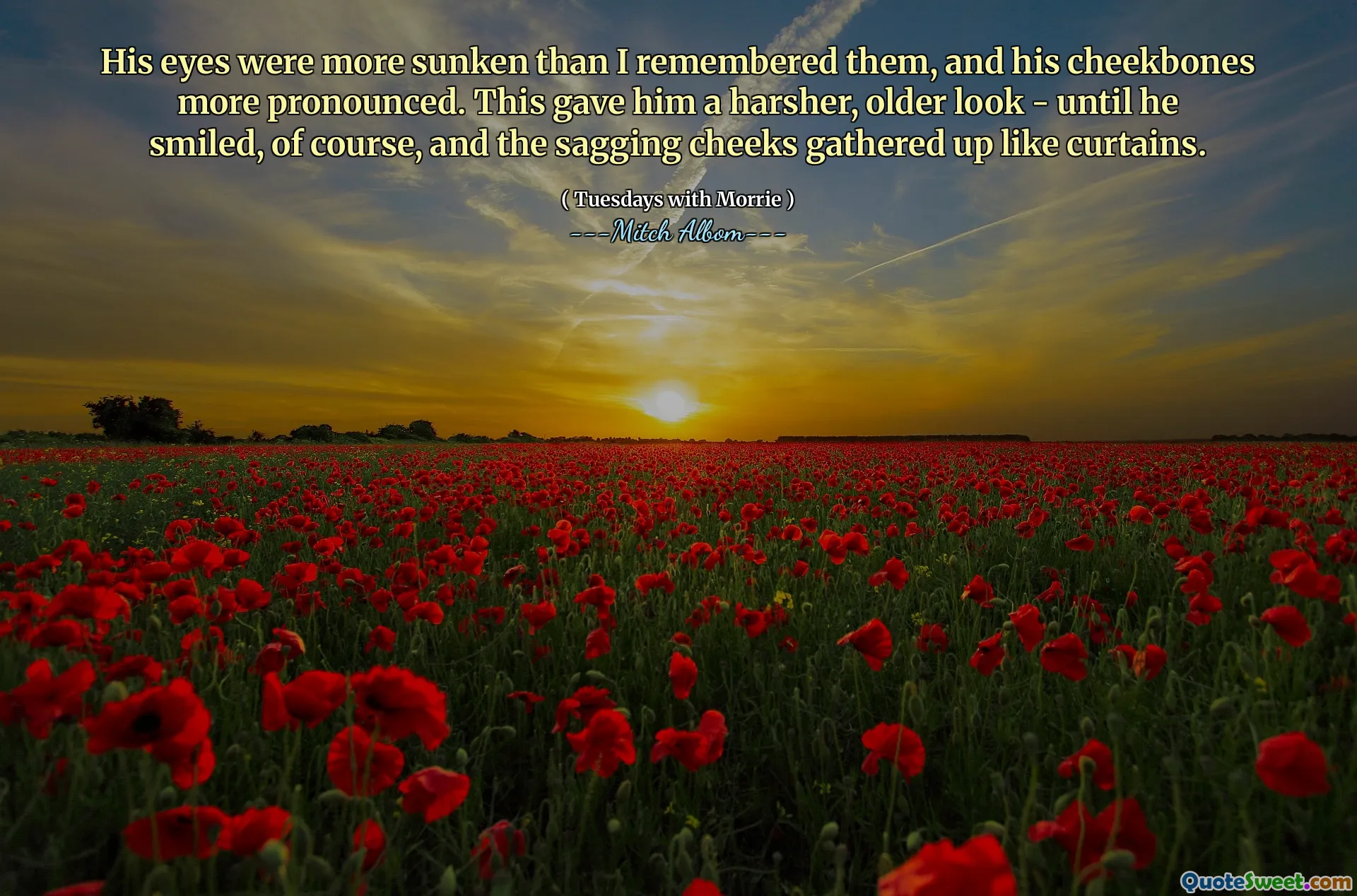 他的眼睛比我记得的要沉没的，他的che骨更加明显。这给了他一个更苛刻的外观 - 直到他微笑，当然，下垂的脸颊像窗帘一样聚集。