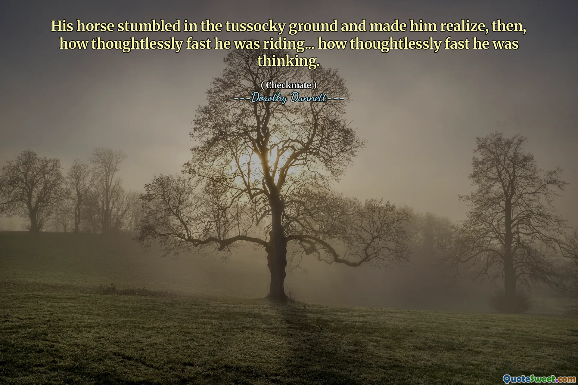 His horse stumbled in the tussocky ground and made him realize, then, how thoughtlessly fast he was riding... how thoughtlessly fast he was thinking.