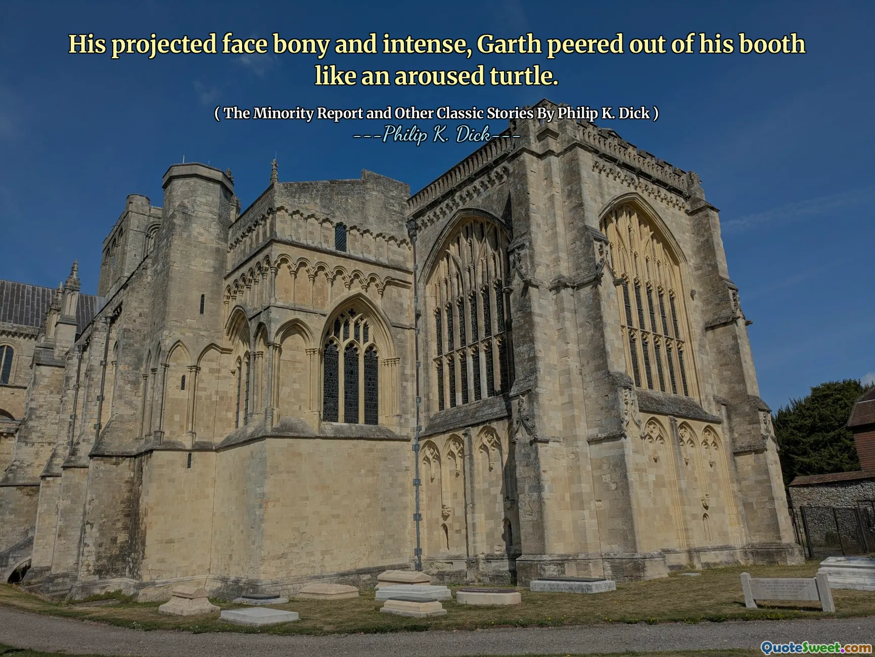 Hans projicerade ansikte beniga och intensiva, Garth tittade ut ur sin monter som en väckt sköldpadda.